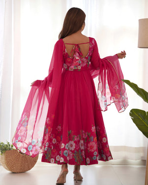 Organza Silk Printed Anarkali Set – Pink