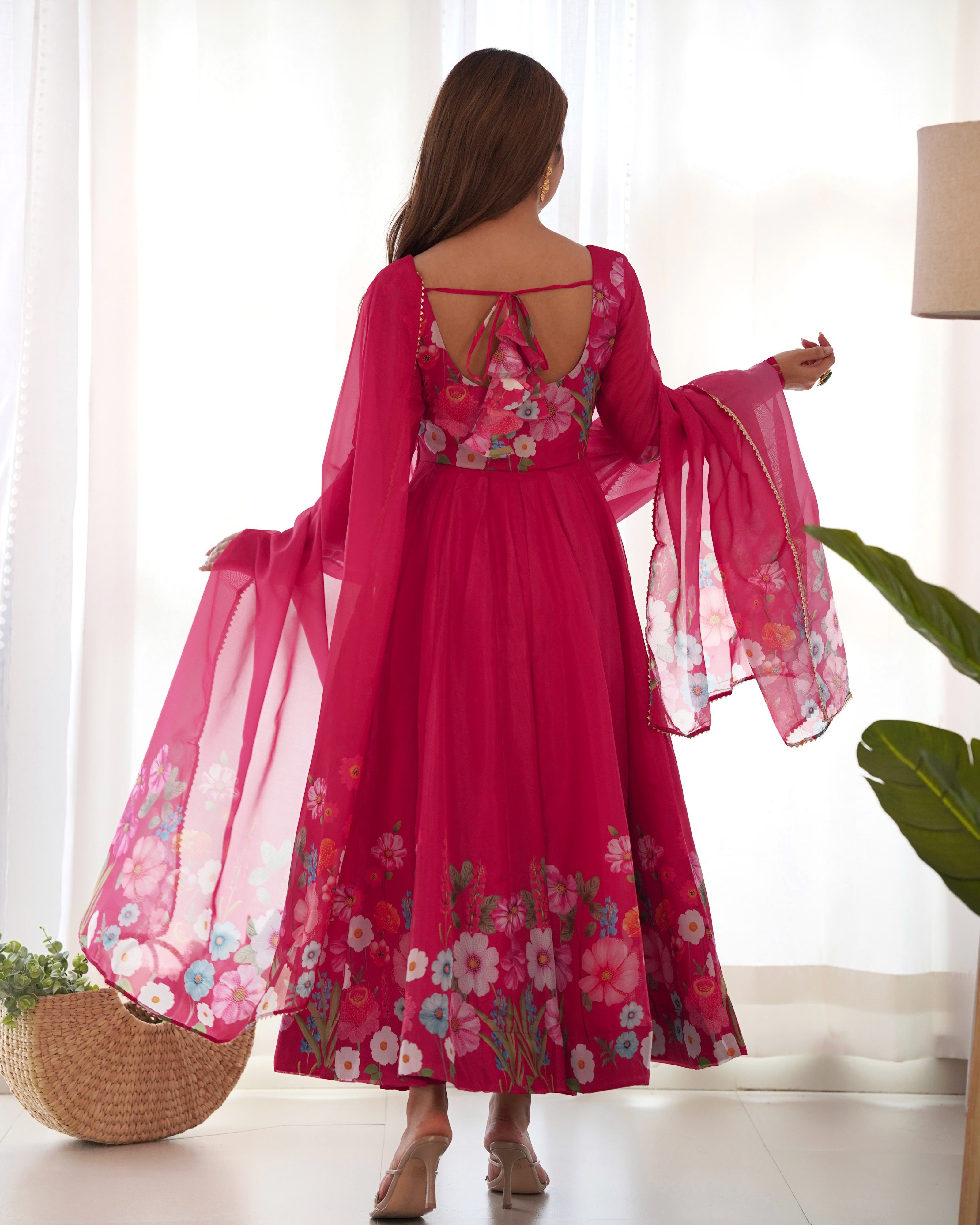 Organza Silk Printed Anarkali Set – Pink