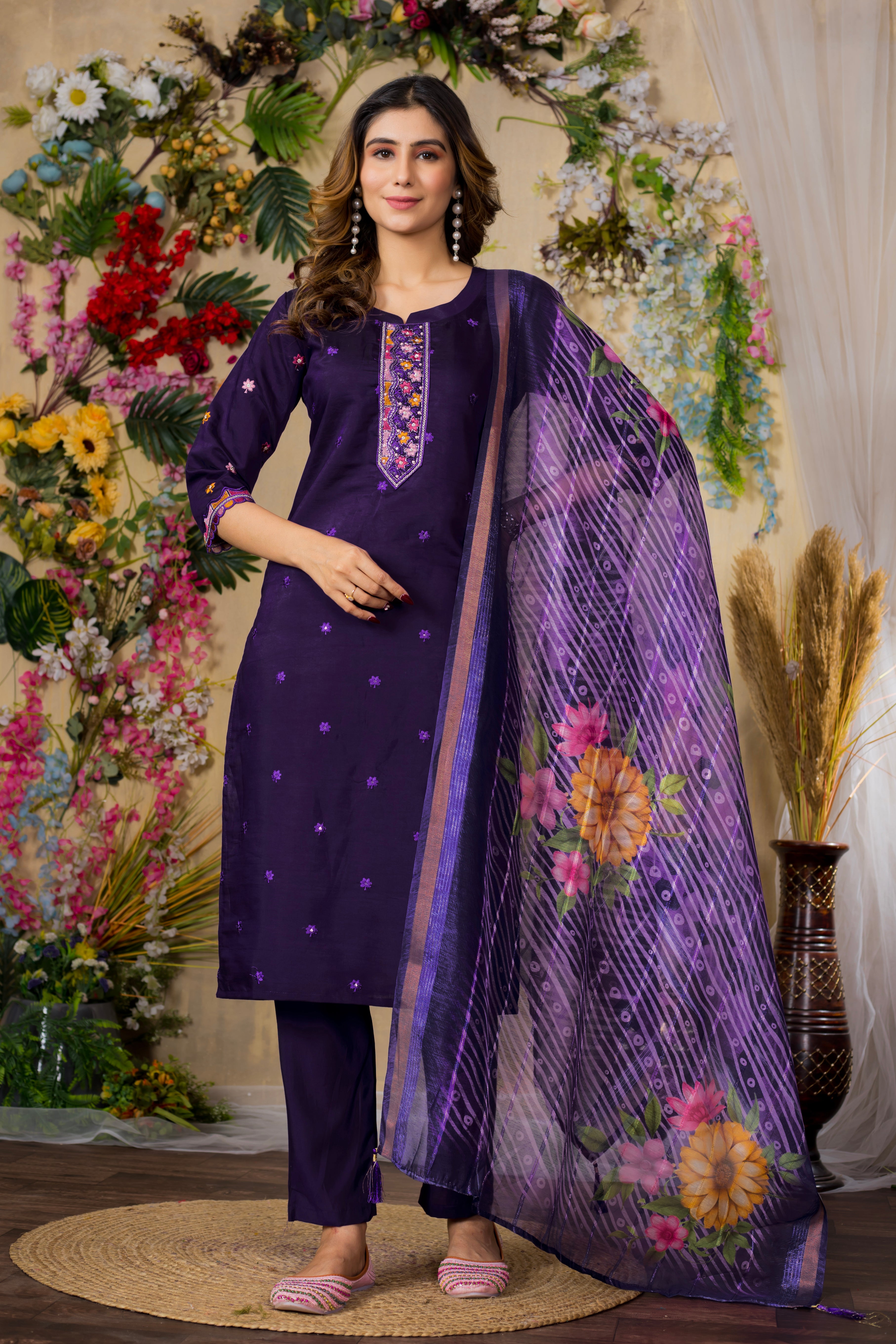 Roman Silk Embroidered Straight Kurti Set – Purple
