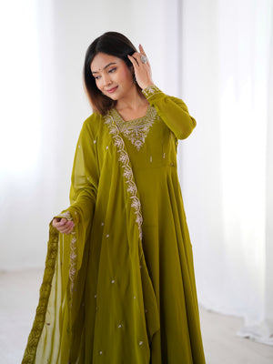Georgette Embroidered Anarkali Set – Mehndi Green