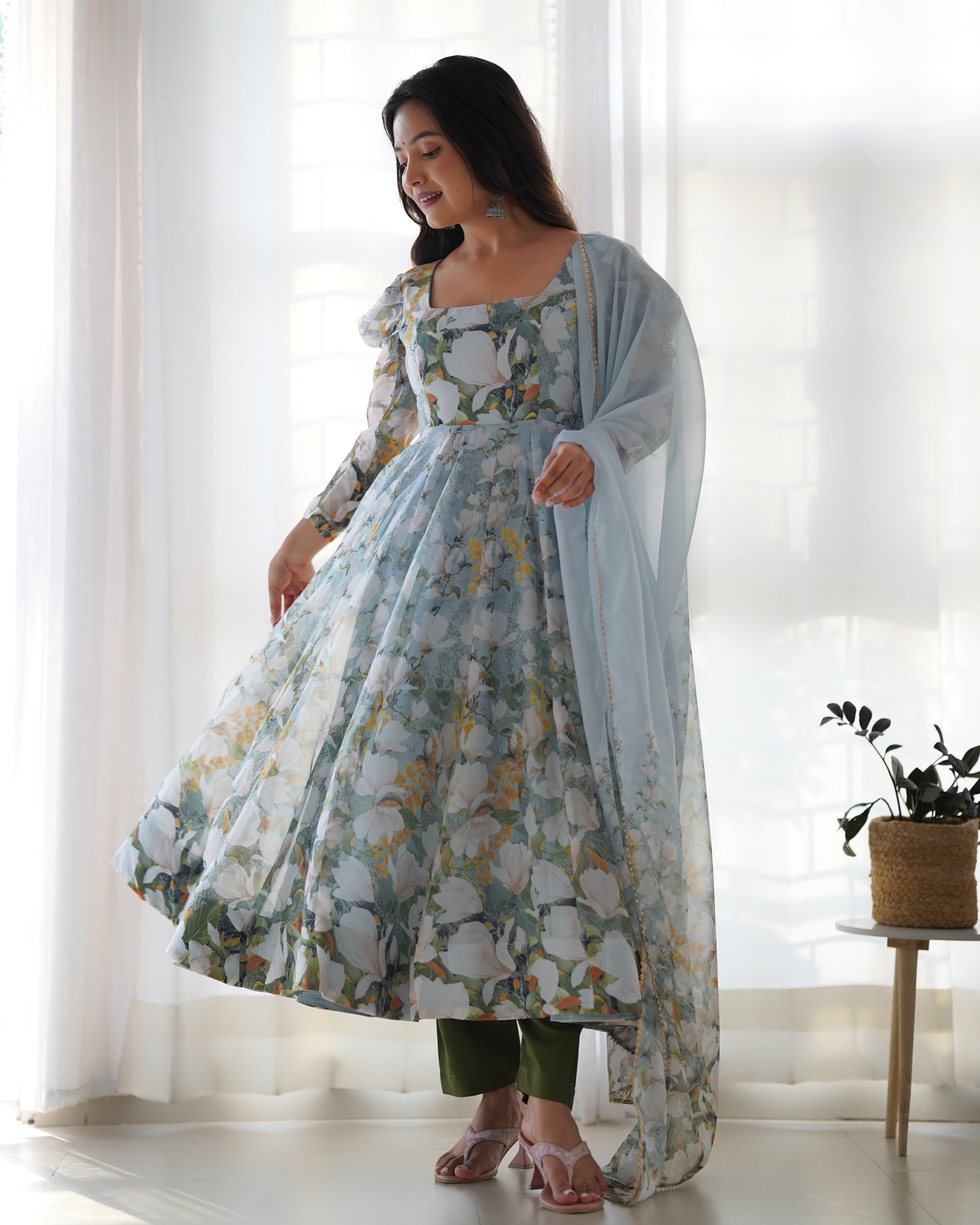 Organza Silk Printed Anarkali Set – Powder Blue Floral