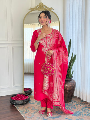 Roman Silk Embroidered Kurta Pant Dupatta Set – Rani Pink