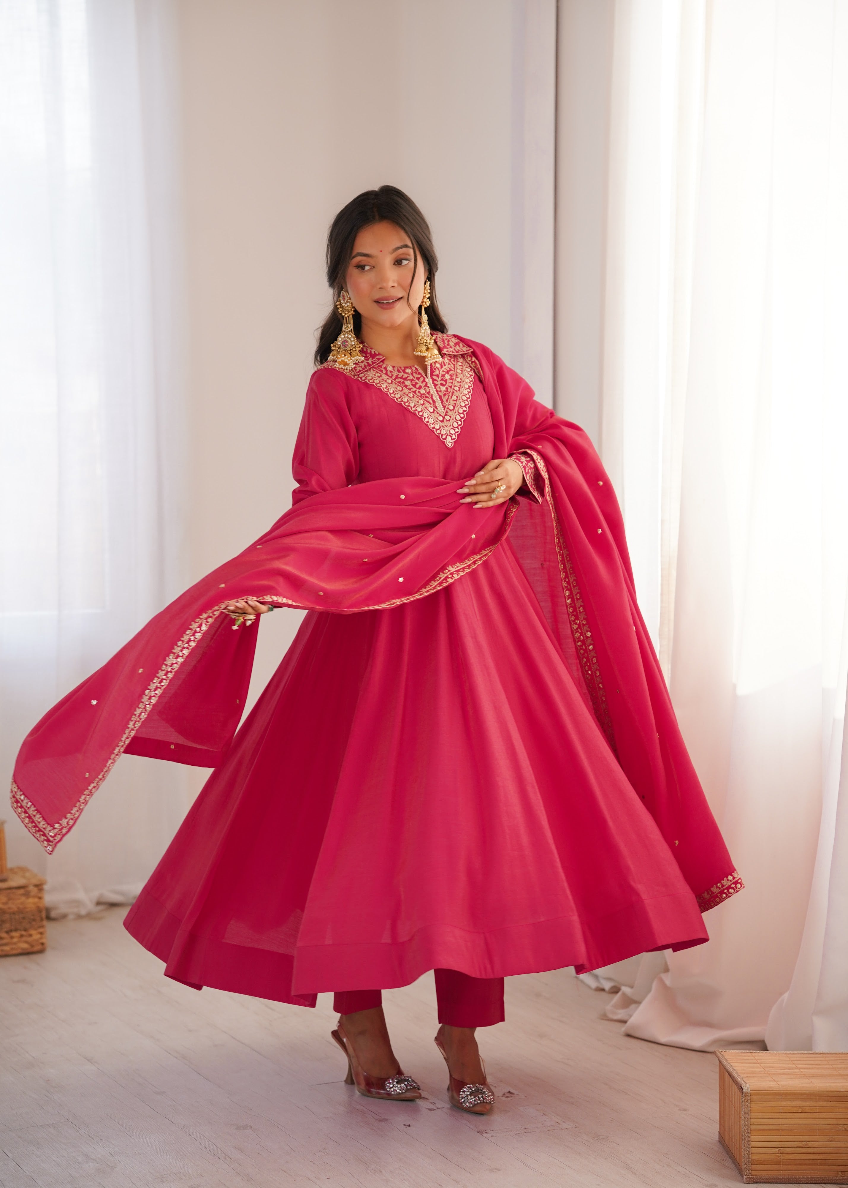 Roman Shimmer Silk Embroidered Anarkali Set – Rani Pink