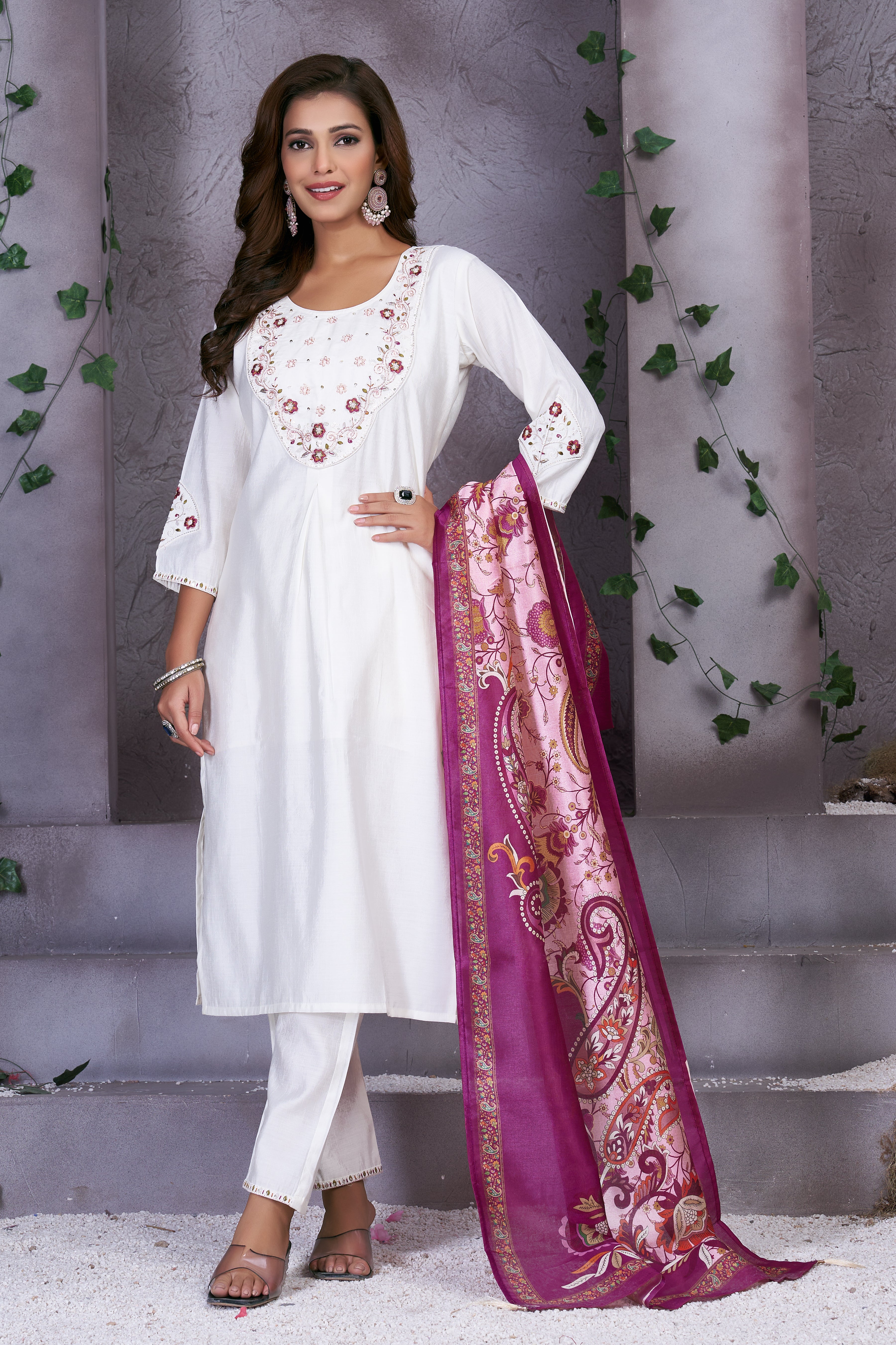 Premium Marina Silk Embroidered Straight Kurti Set – White