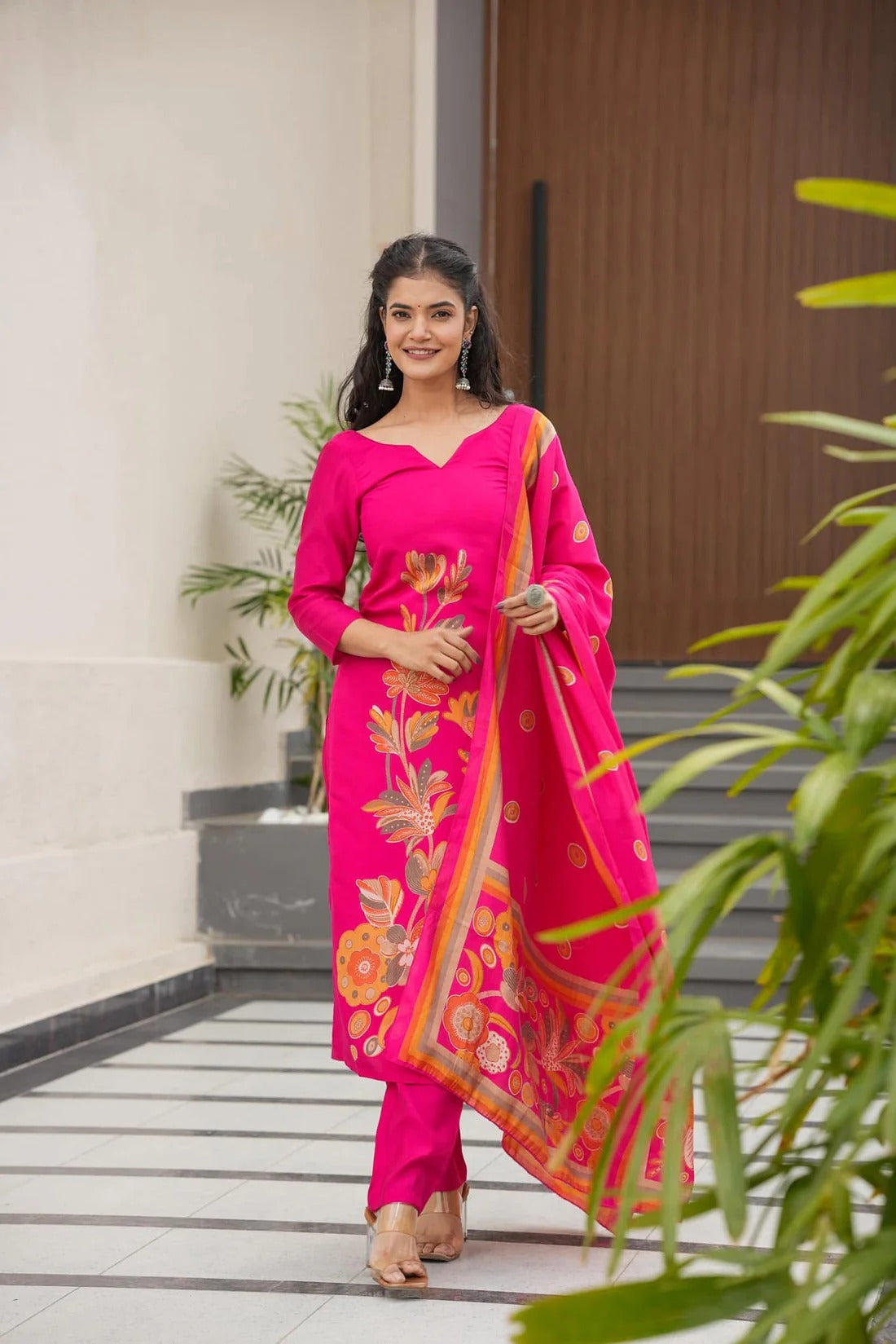 French Crepe Printed Kurta Pant Dupatta Set – Rani Pink