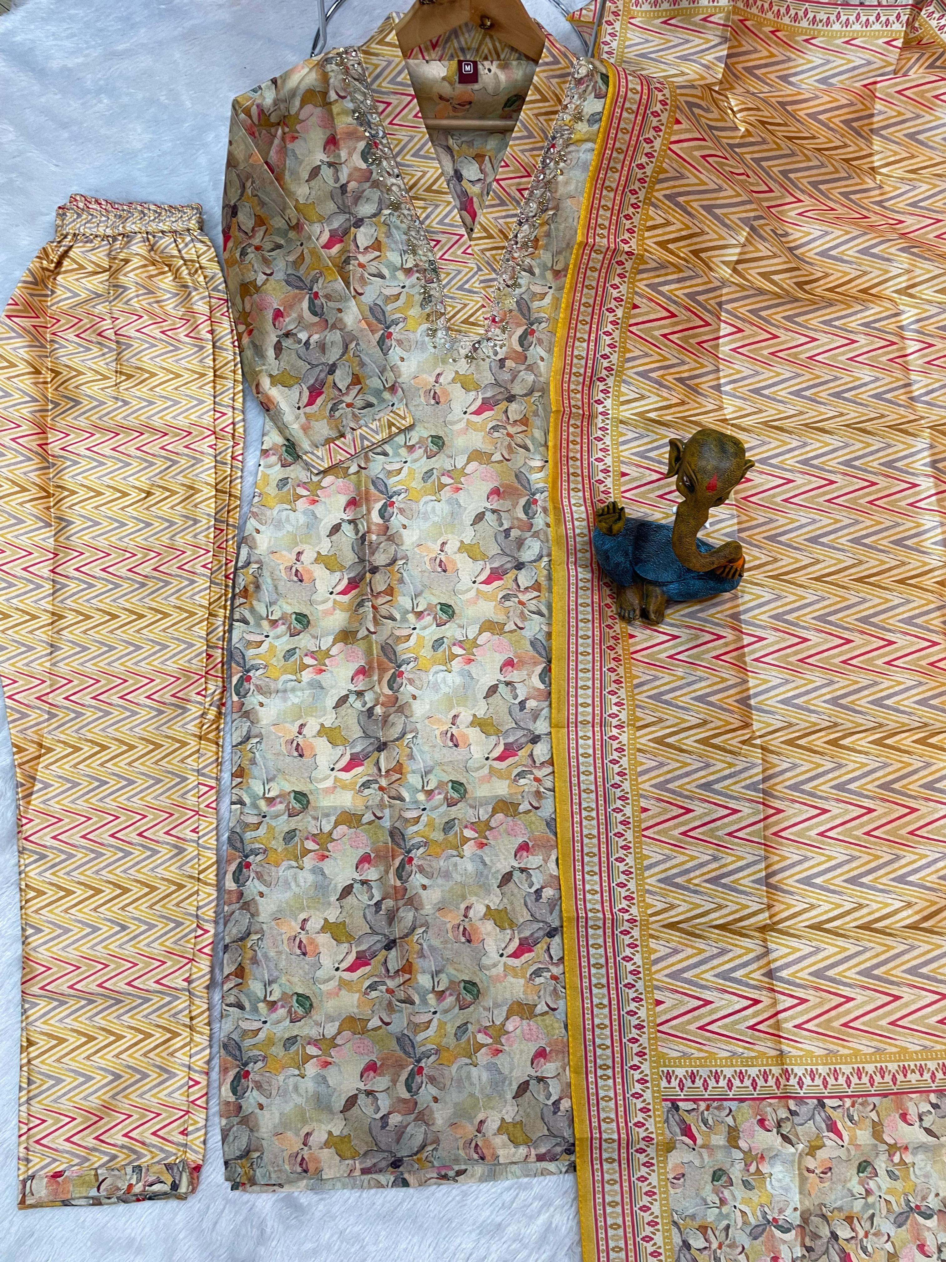 Zarna Silk Embroidered Straight Kurti Set – Ivory Yellow