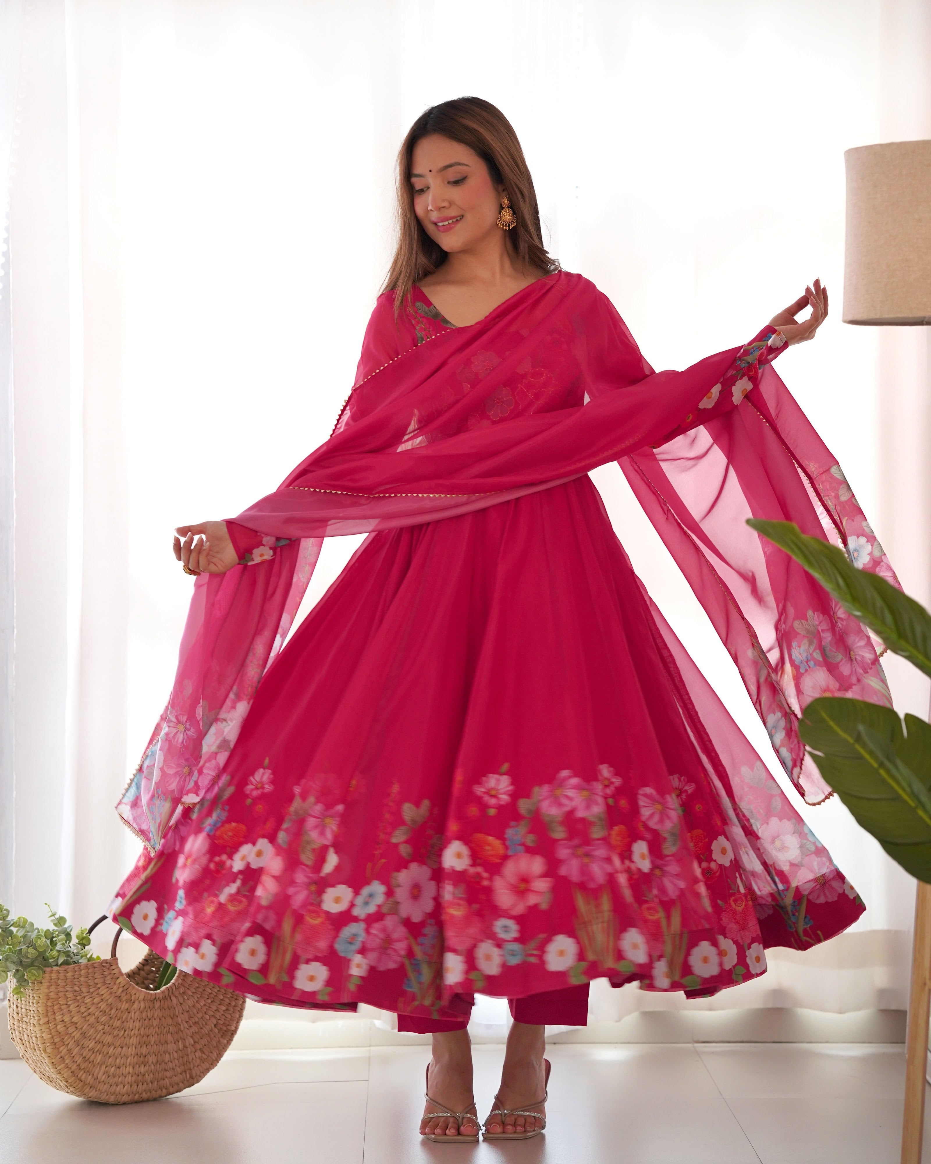 Organza Silk Printed Anarkali Set – Pink