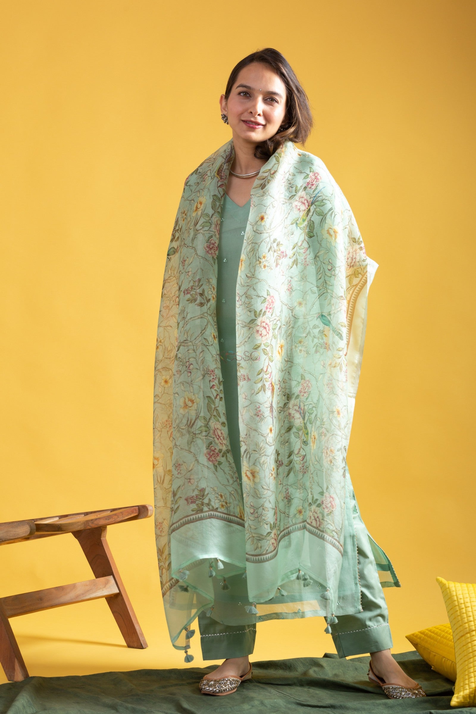 Viscose Chanderi Embroidered Kurta Pant Dupatta Set – Aqua Green