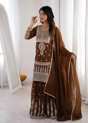 Crunchy Silk Embroidered Sharara Set – Coffee Brown