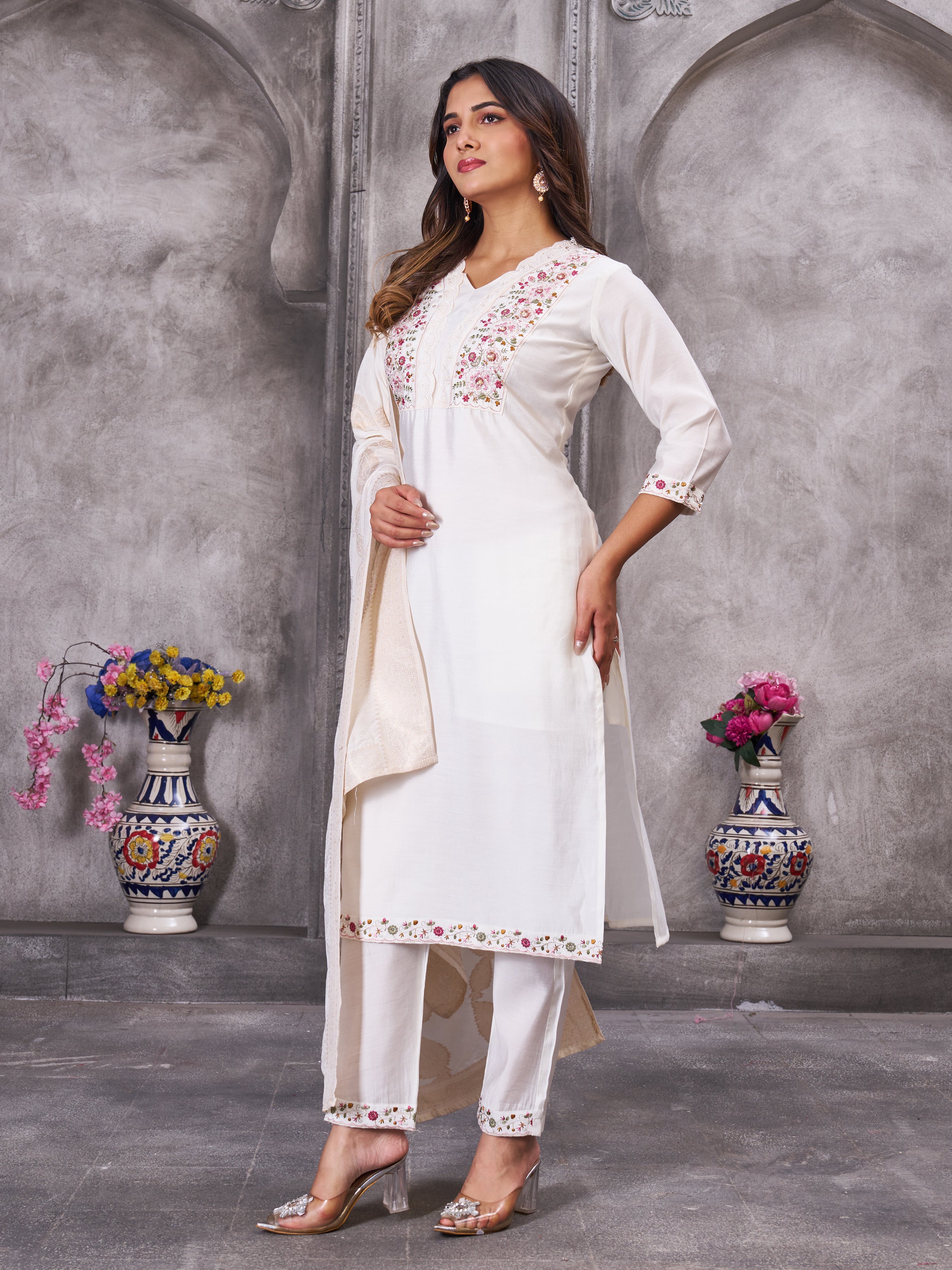 Roman Silk Embroidered Straight Kurti Set – White