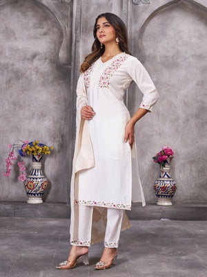 Roman Silk Embroidered Straight Kurti Set – White