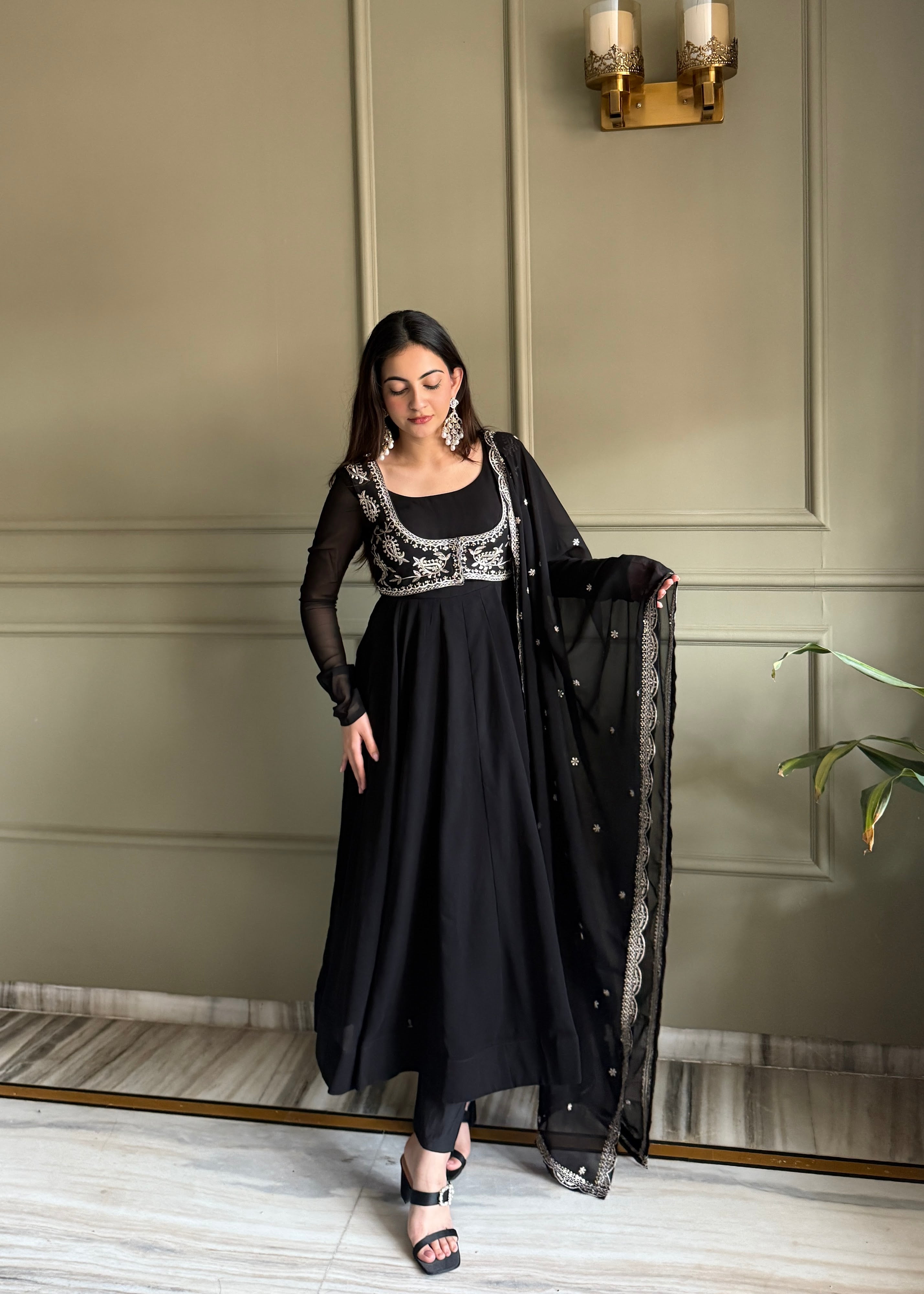 Georgette Embroidered Anarkali Set – Black