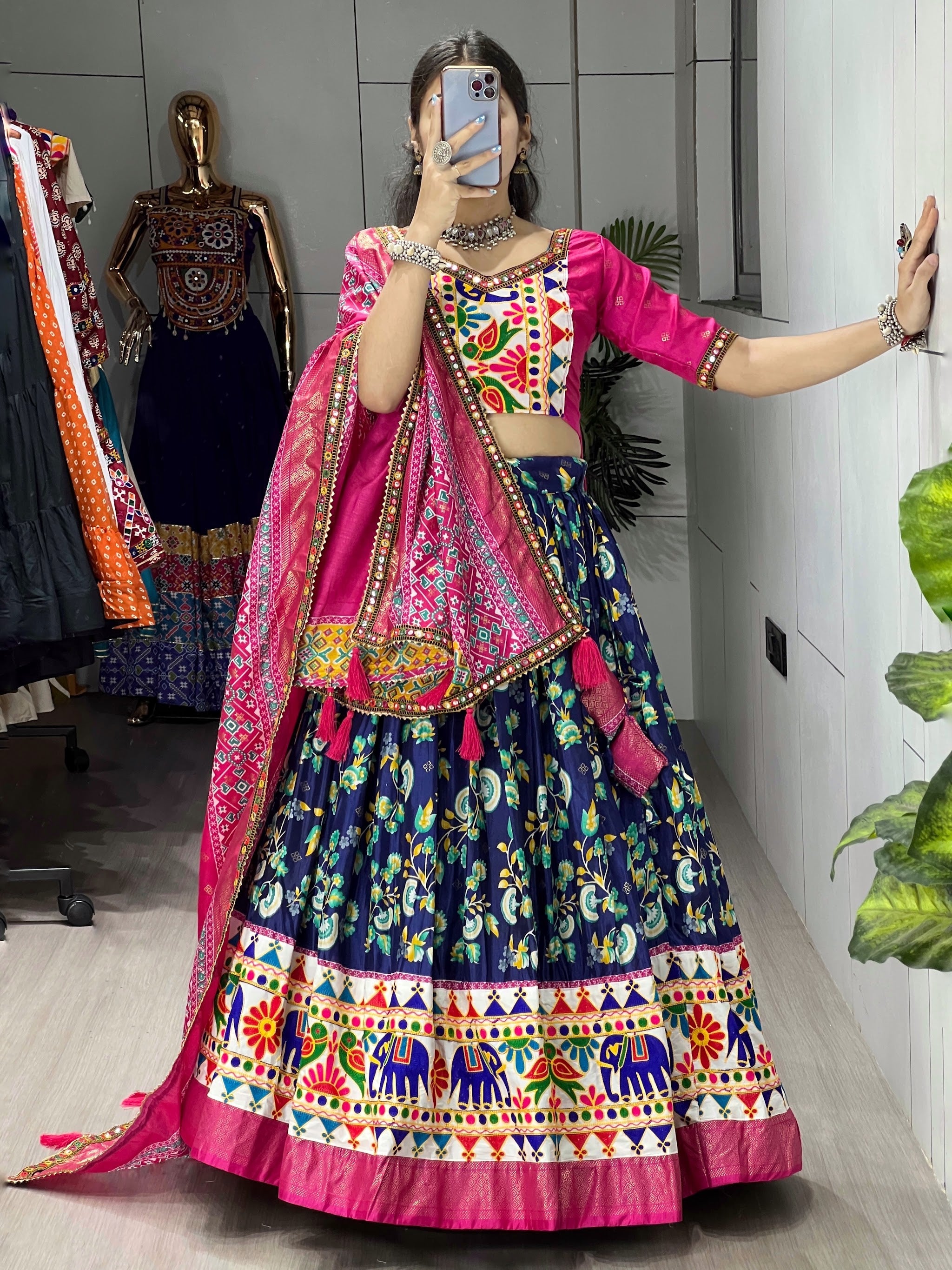 Navratri Navy Blue Floral Dola Lehenga Set - Blouse Unstitched