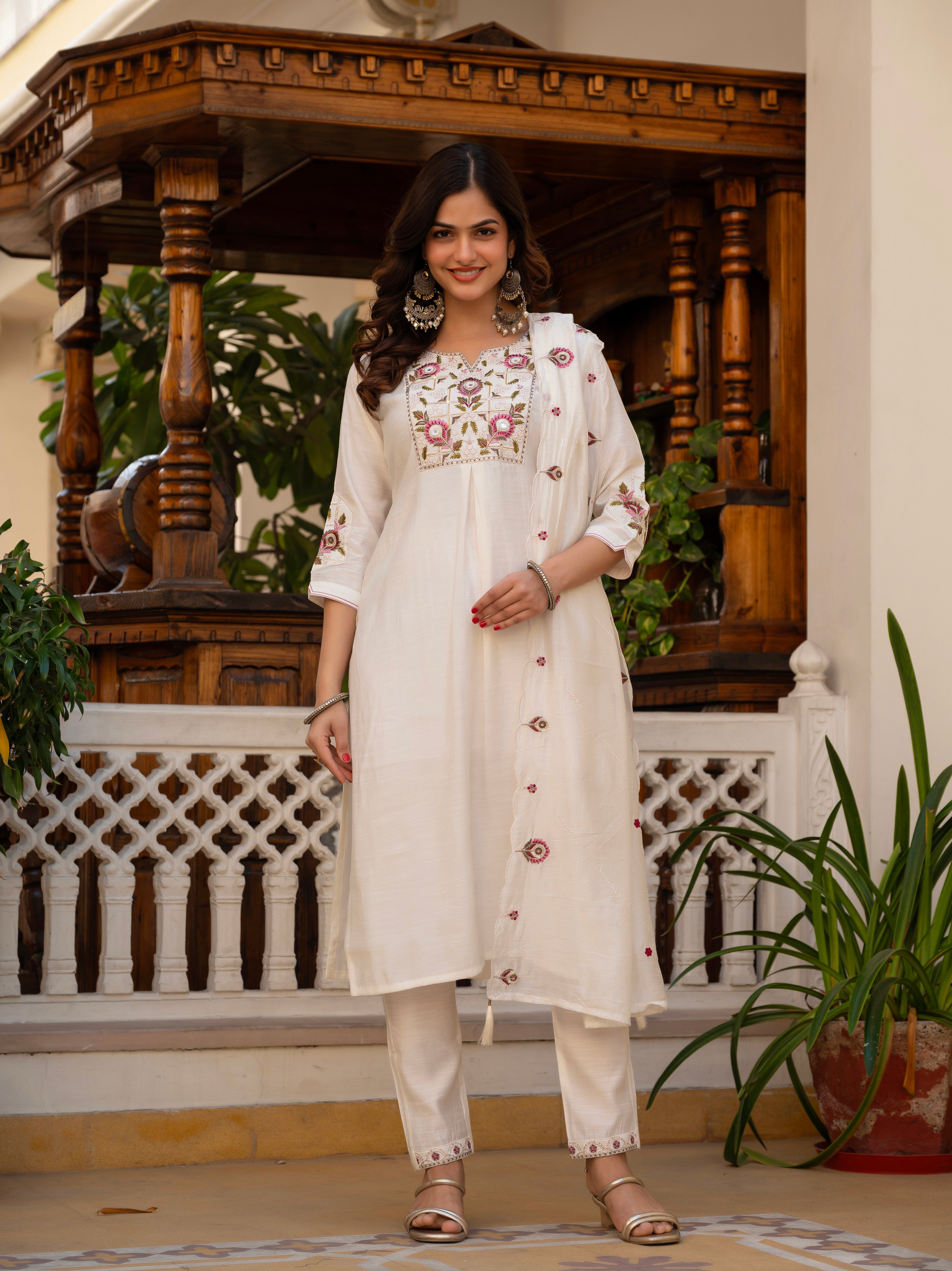Pure Viscose Mango Silk Embroidered Straight Kurti Set – White