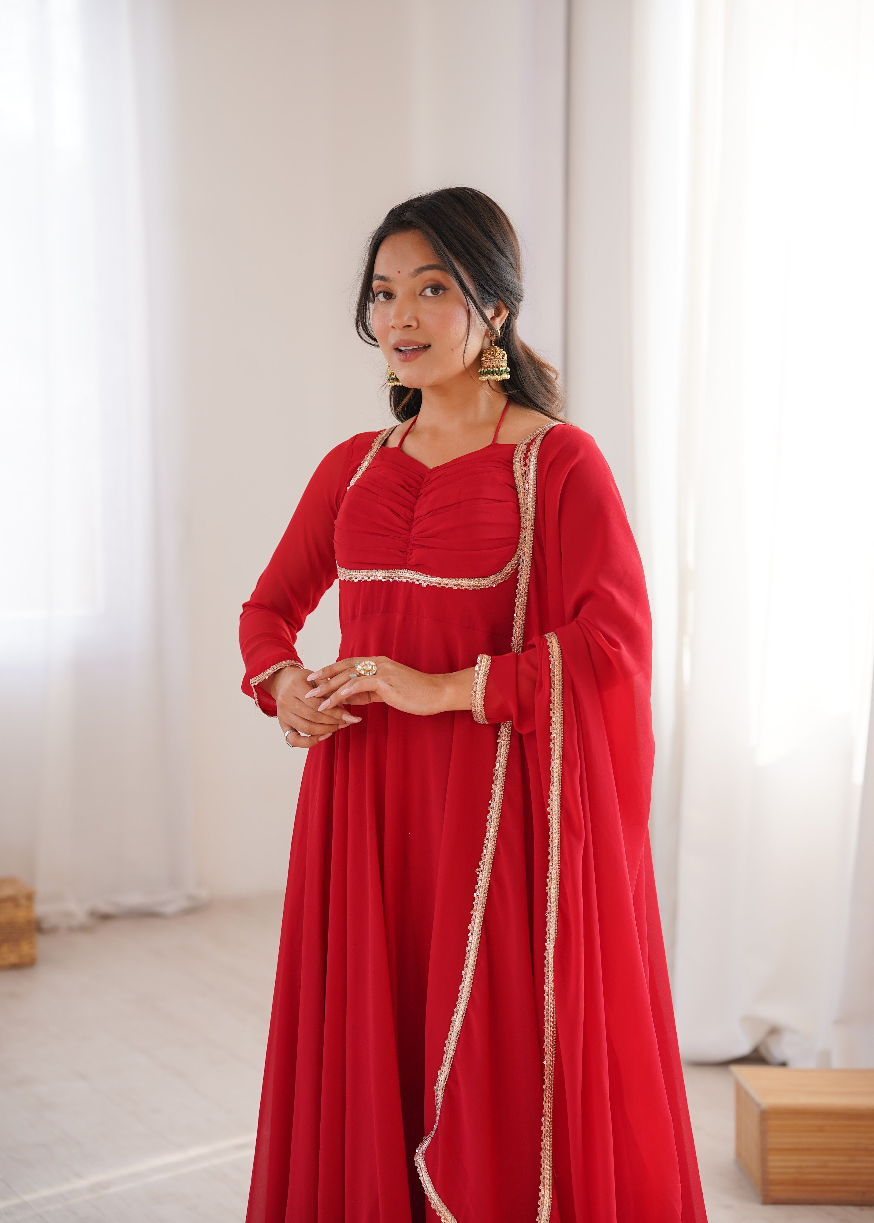 Georgette Embroidered Gown Set – Red