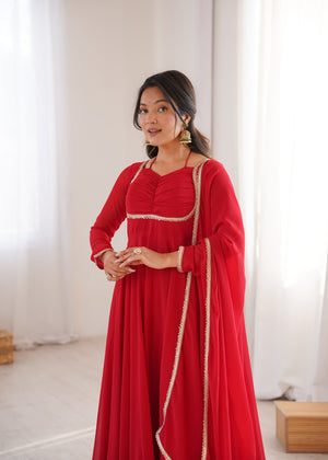 Georgette Embroidered Gown Set – Red