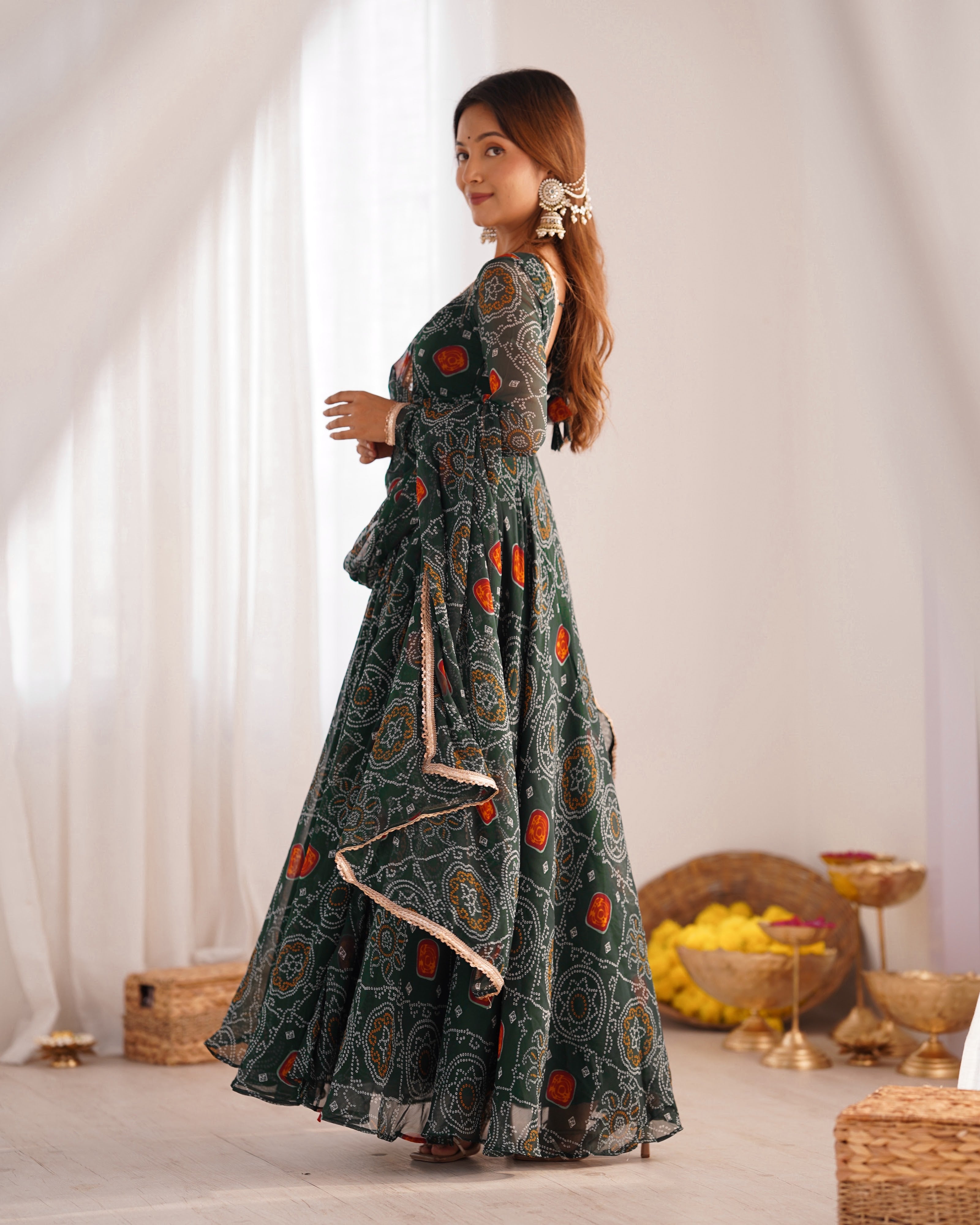 Soft Lightweight Chiffon Bandhej Fabric Inner Micro Cotton Embroidered Anarkali Set – Green