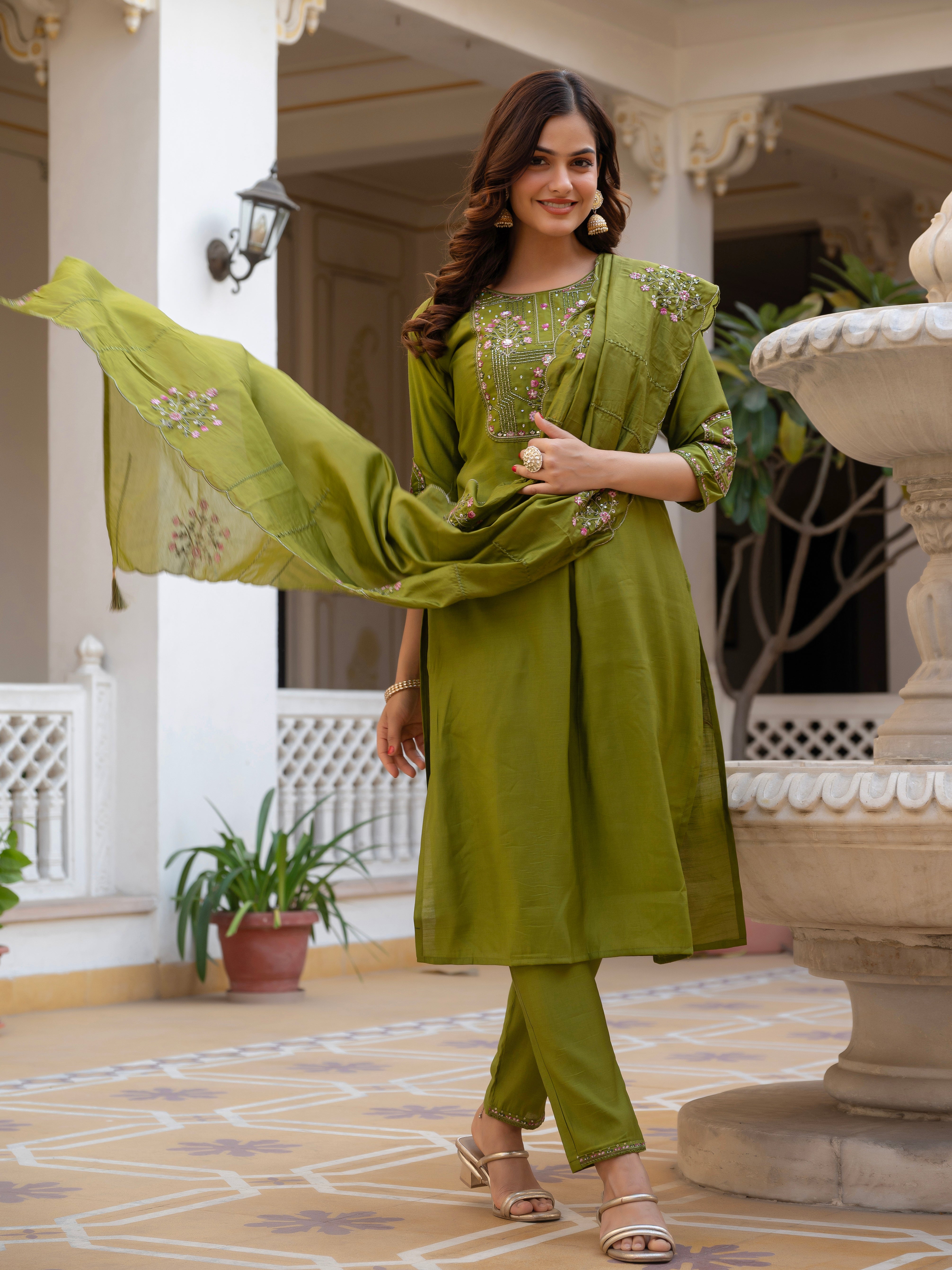 Pure Viscose Mango Silk Embroidered Straight Kurti Set – Mhendi Green
