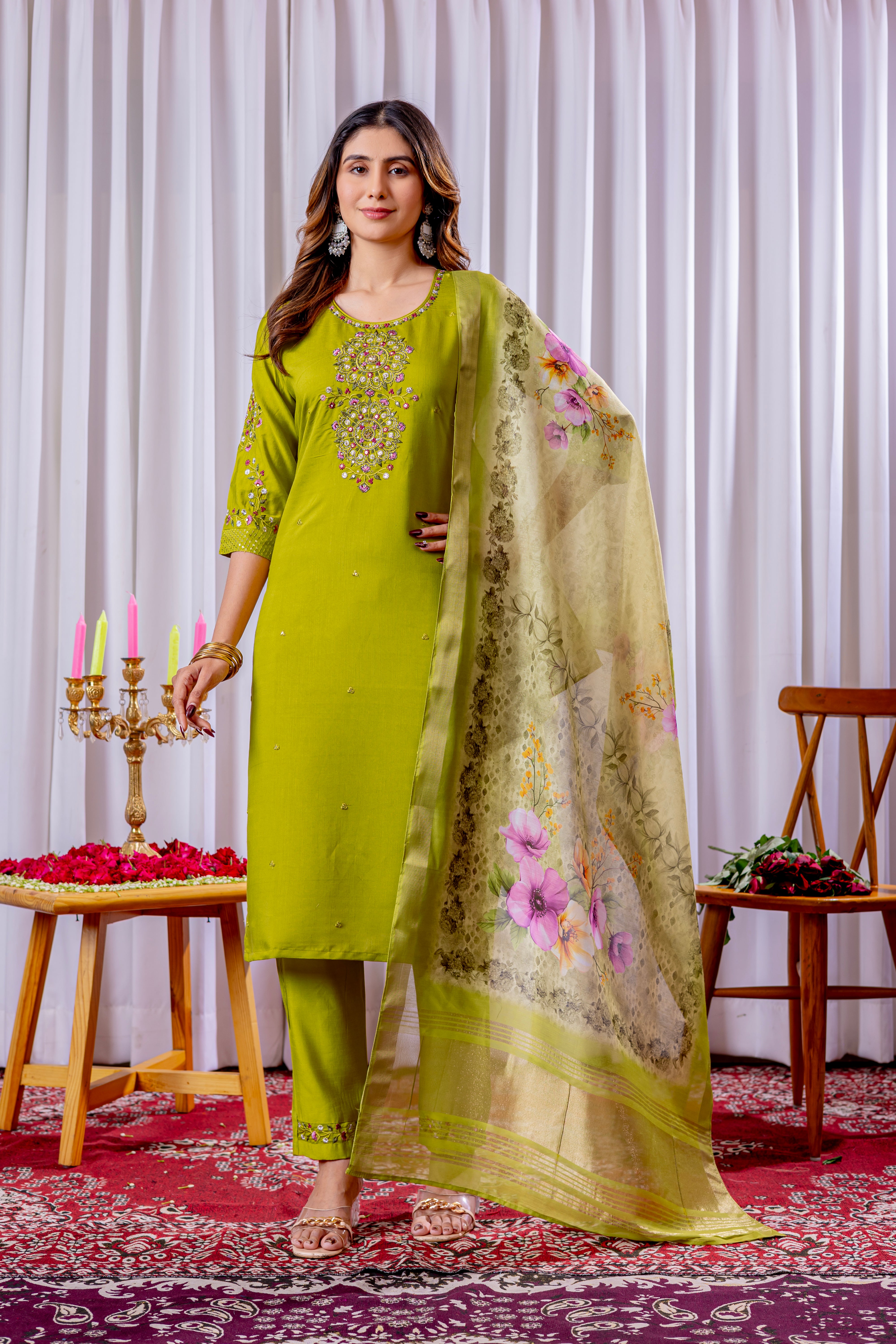 Viscose Silk Embroidered Straight Kurti Set – Parrot Green