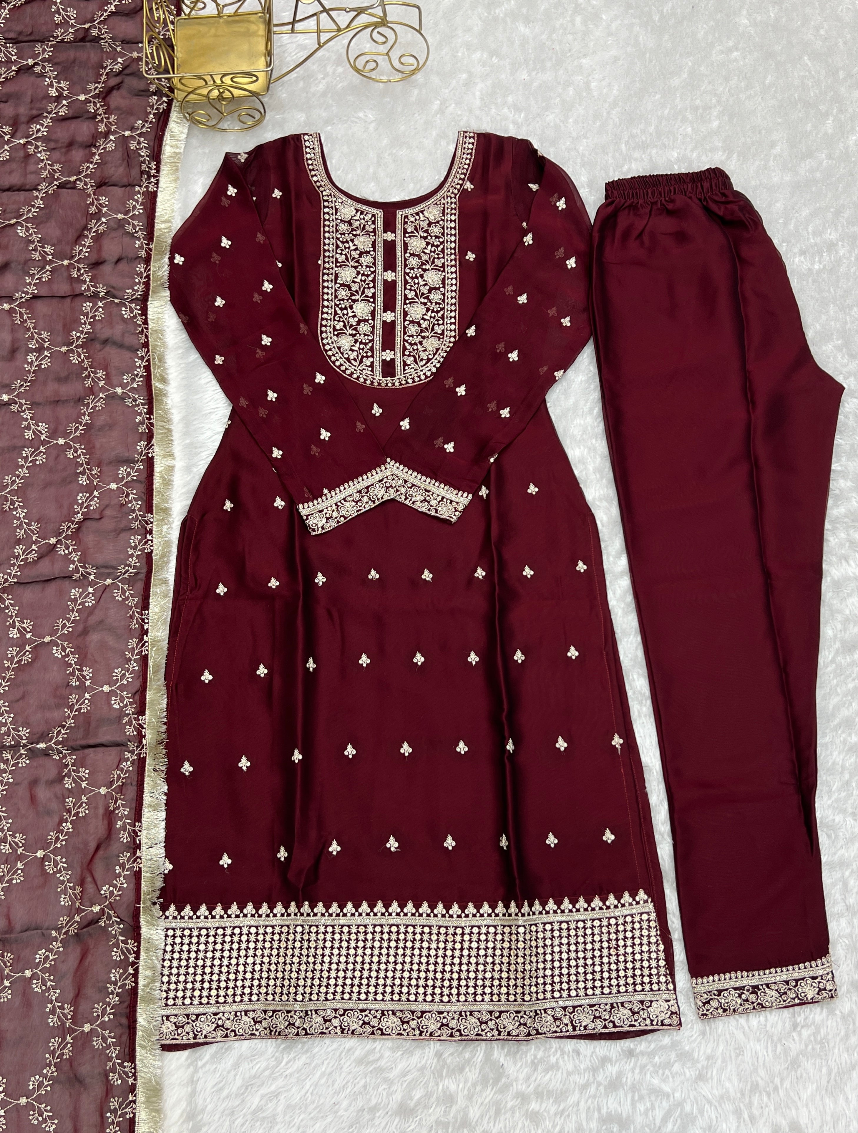 Rangoli Silk Embroidered Straight Kurta Set – Maroon