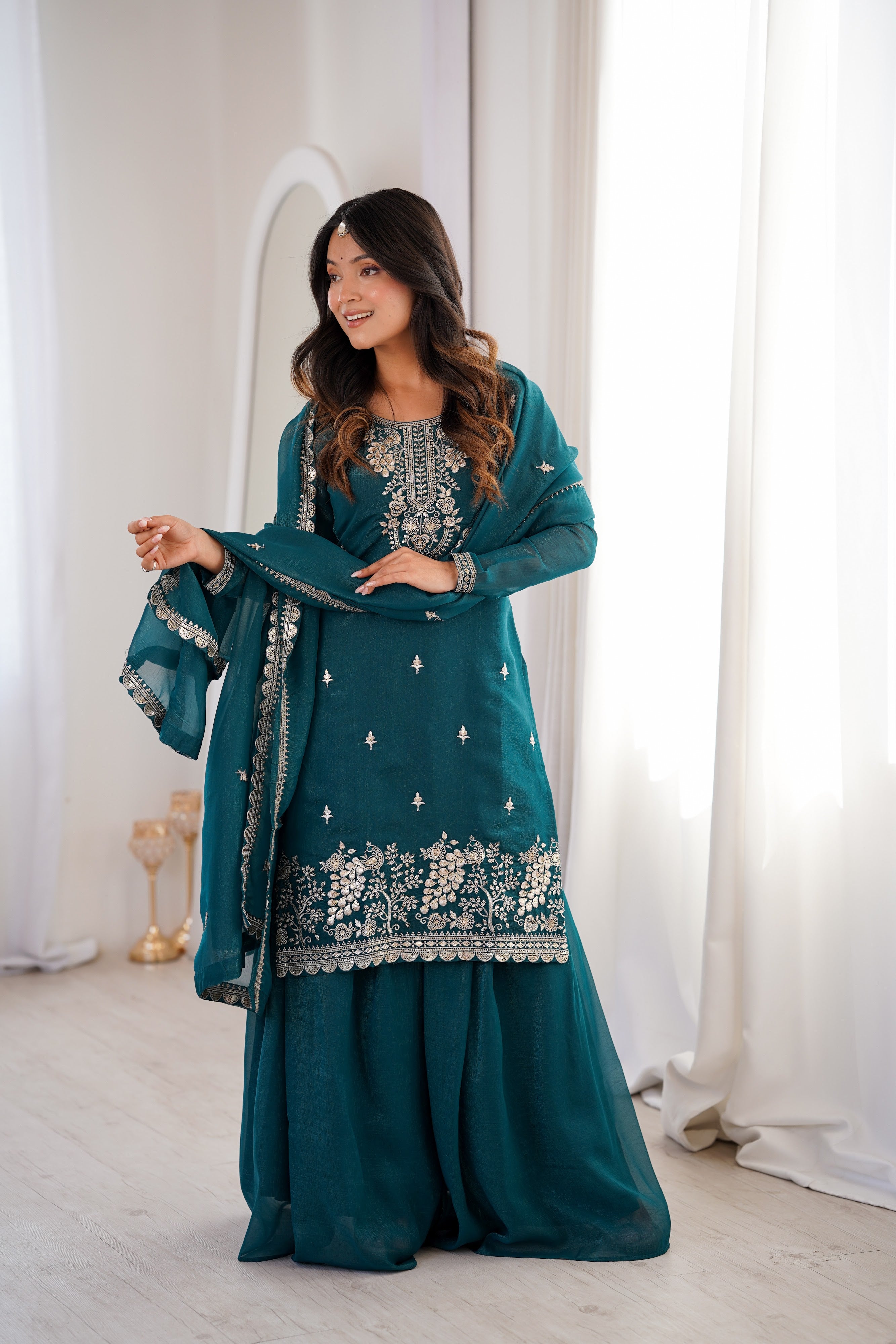 Crunchy Silk Embroidered Sharara Set – Teal Blue