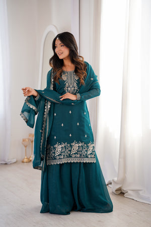 Crunchy Silk Embroidered Sharara Set – Teal Blue
