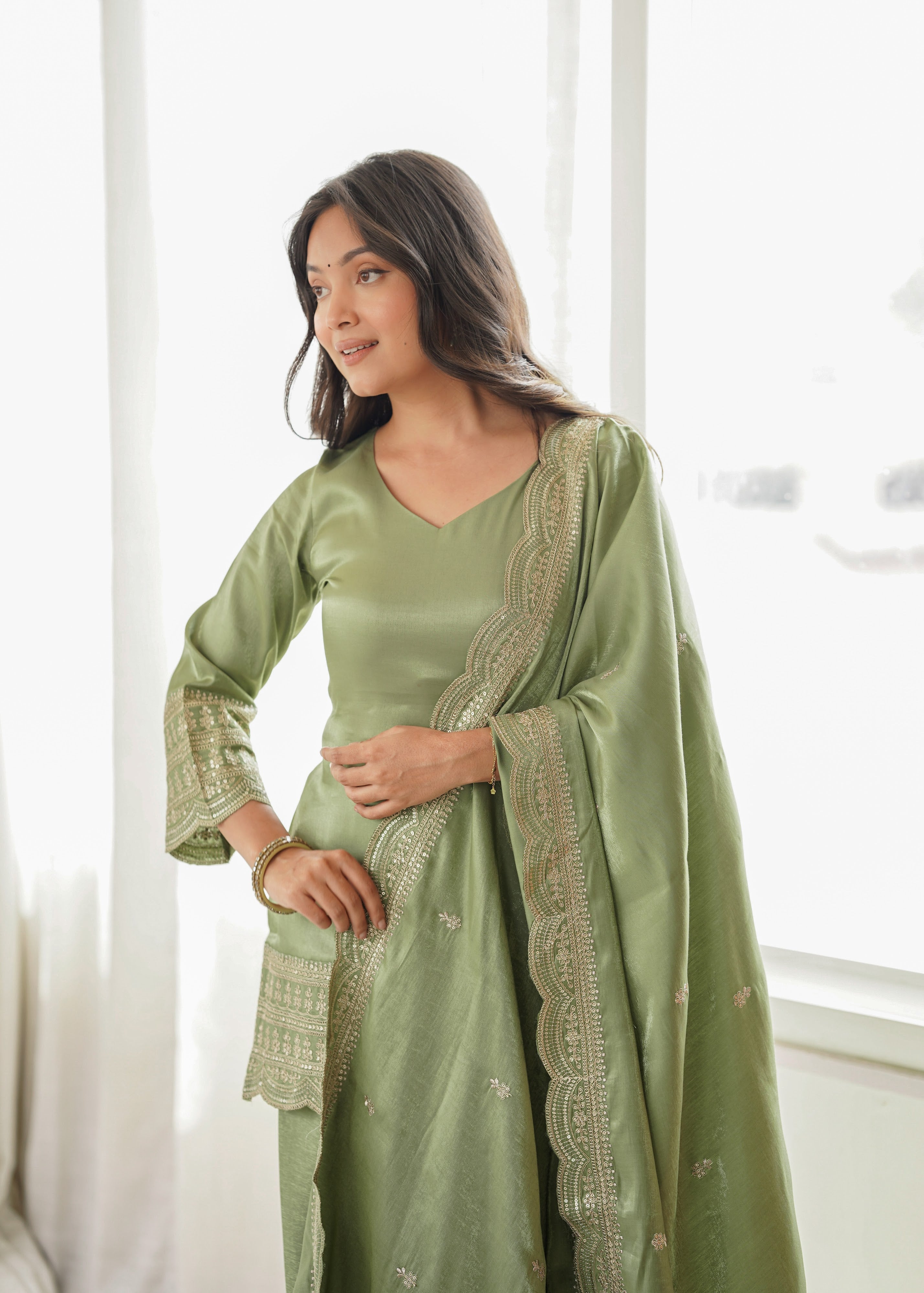 Glass Roman Silk Embroidered Farshi Salwar Set – Sage Green