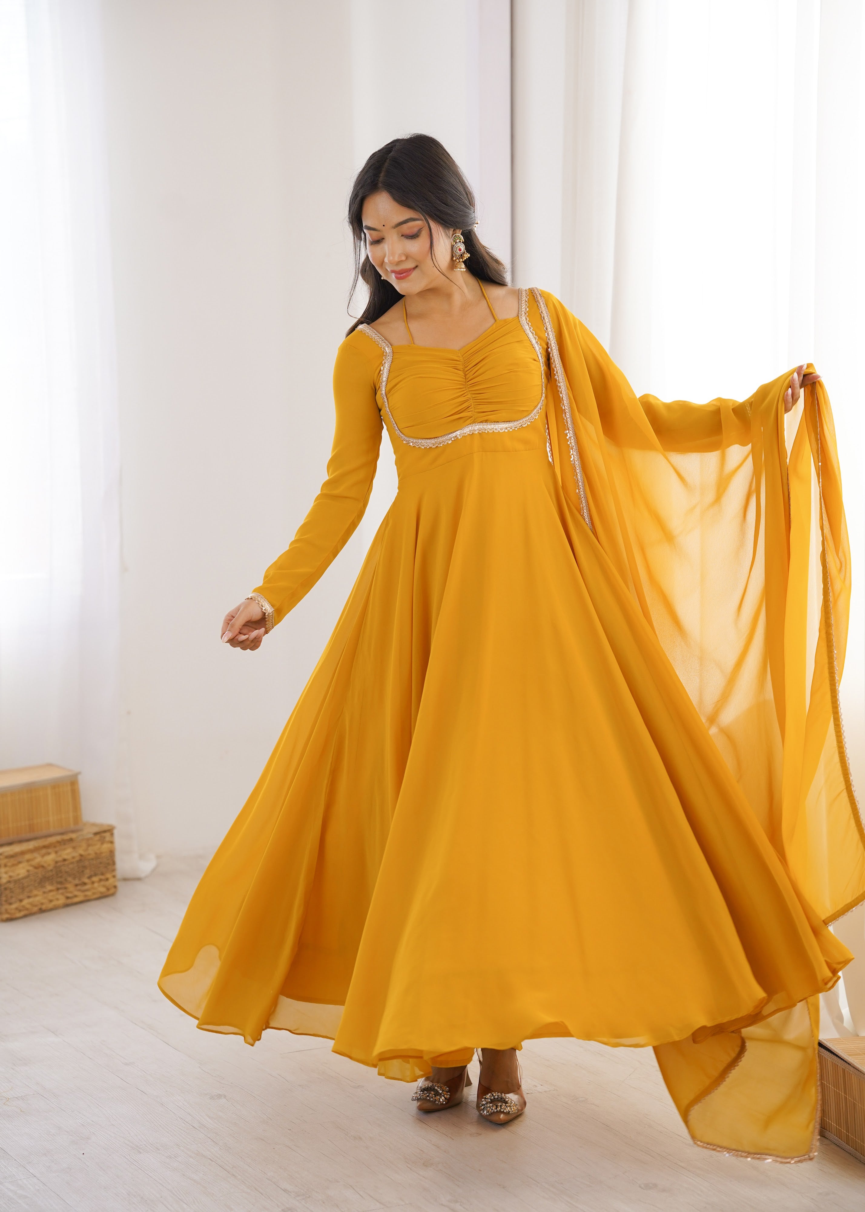 Georgette Embroidered Gown Set – Yellow