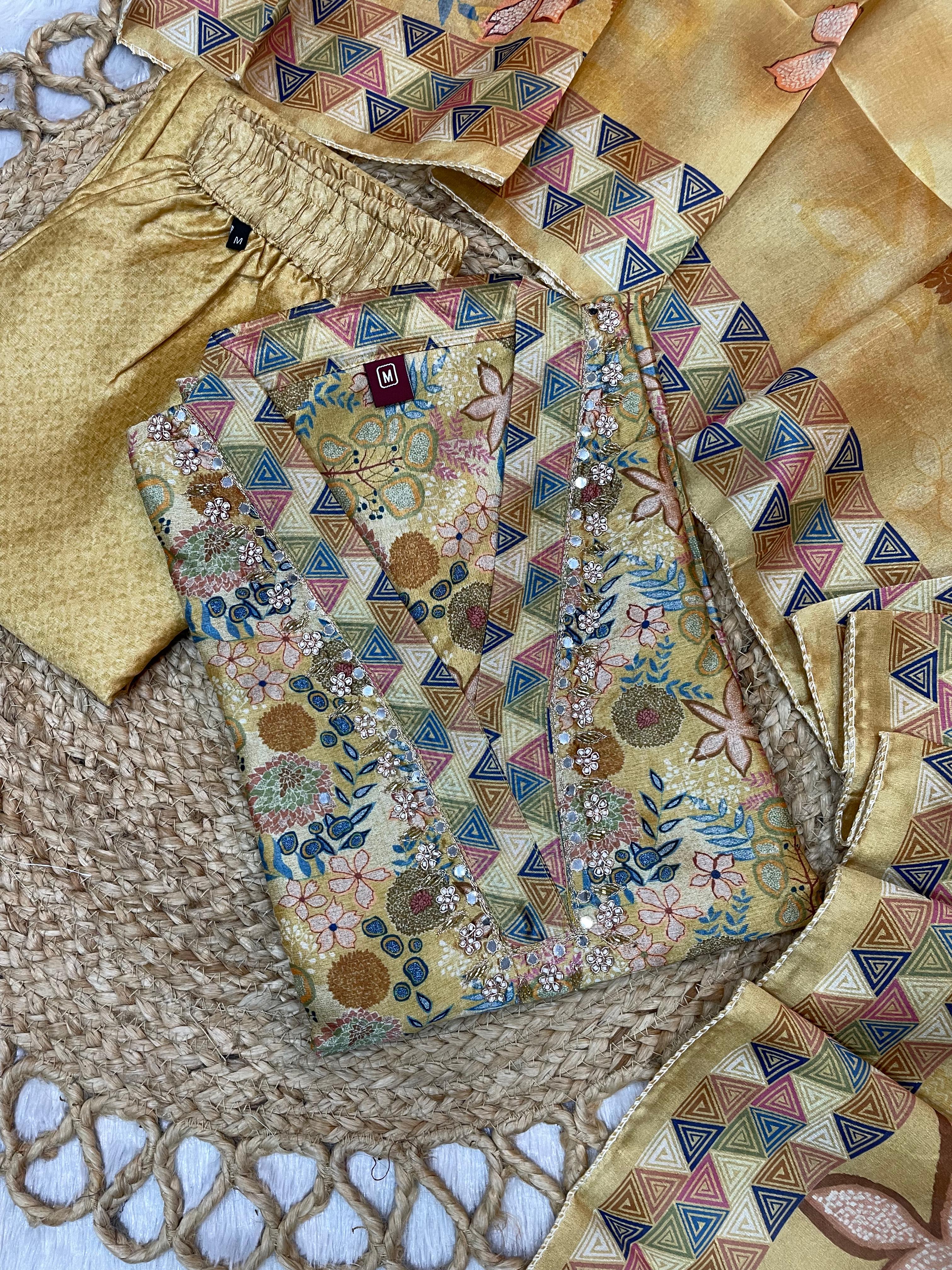 Zarna Silk Embroidered Straight Kurti Set – Mustard