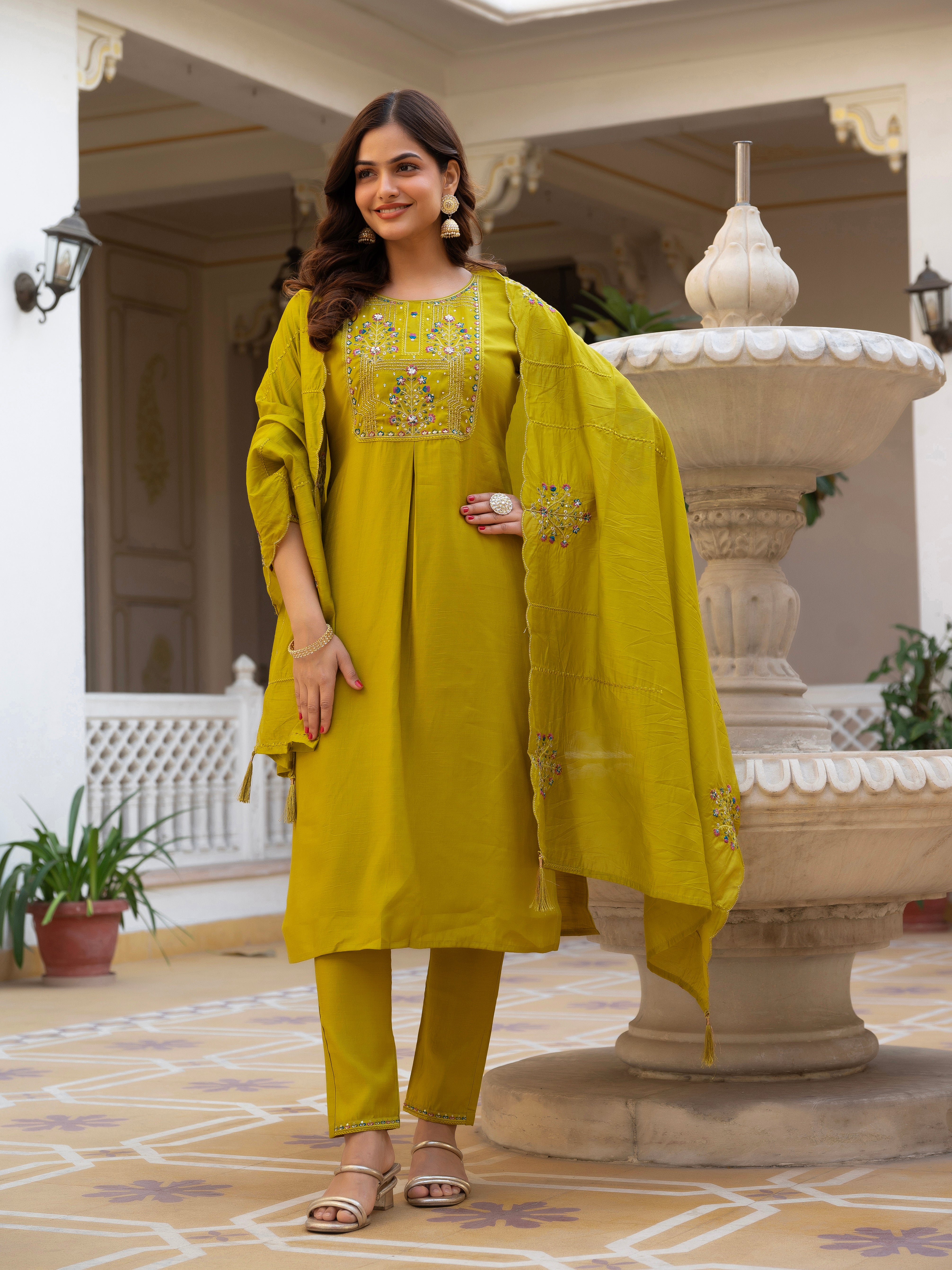 Pure Viscose Mango Silk Embroidered Straight Kurti Set – Yellow