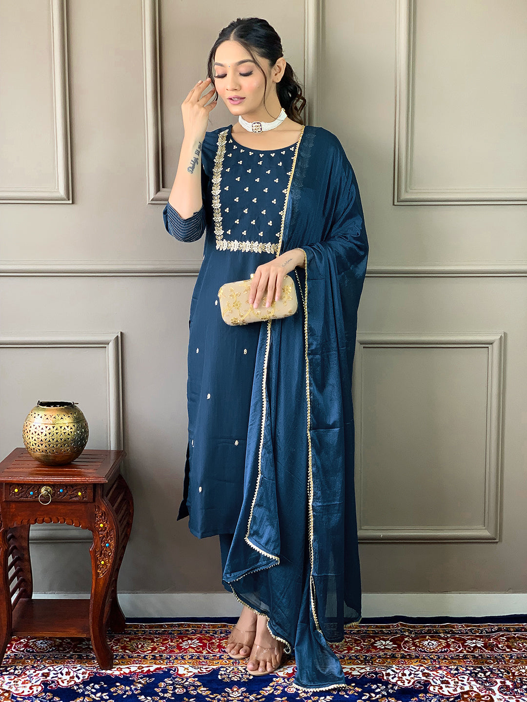 Rayon Slub Embroidered Kurta Pant Dupatta Set – Petrol Blue