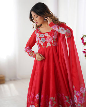 Organza Silk Printed Anarkali Set – Red