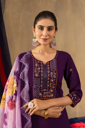 Roman Silk Embroidered Straight Kurti Set – Purple