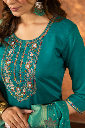 Marina Silk Embroidered Straight Kurti Set – Rama Green