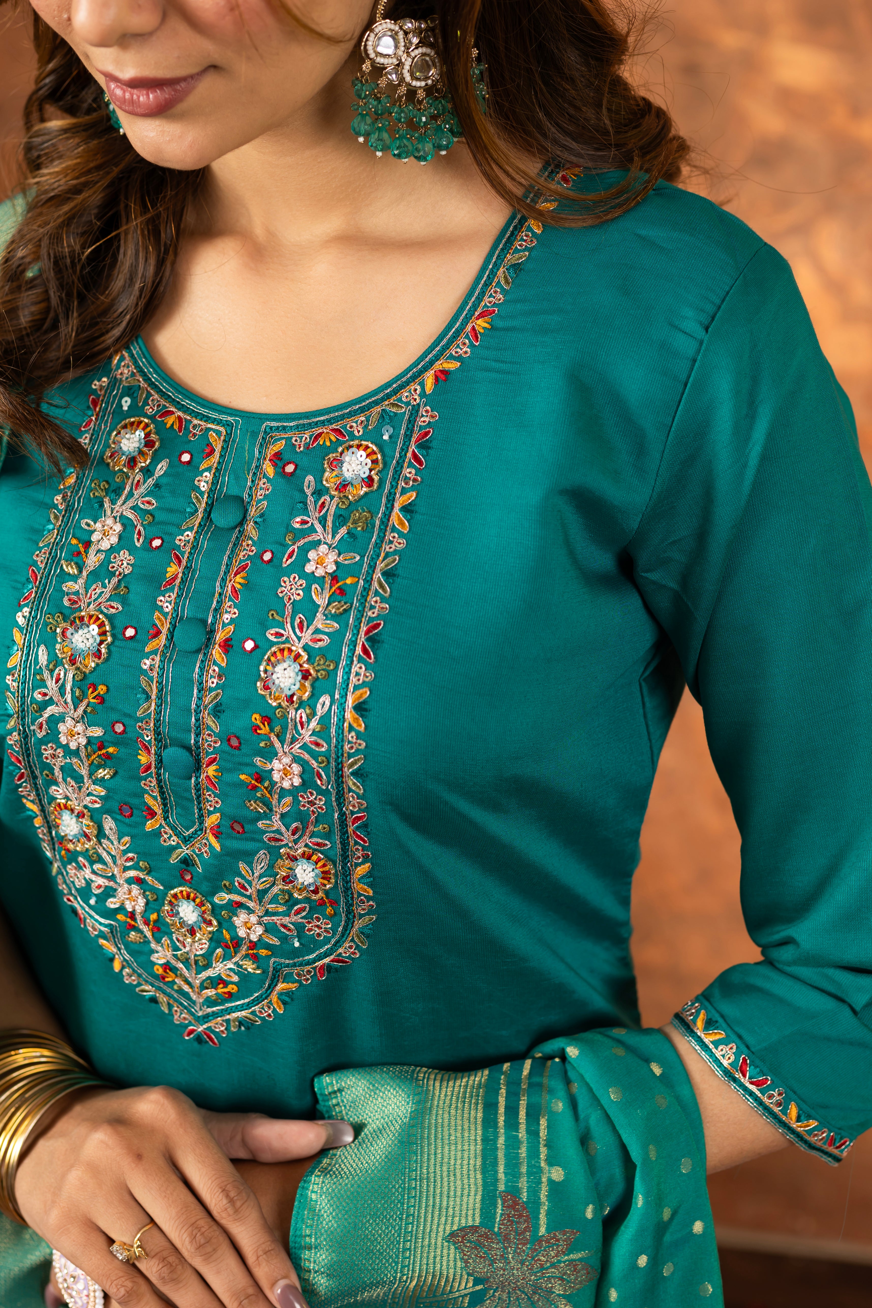Marina Silk Embroidered Straight Kurti Set – Rama Green