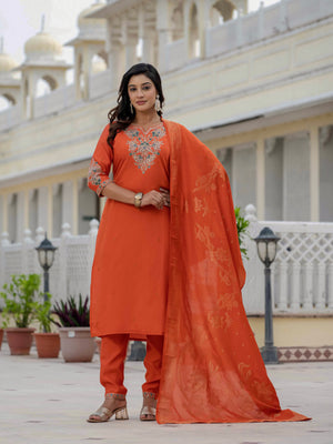 Premium Roman Silk Embroidered Straight Kurti Set – Orange
