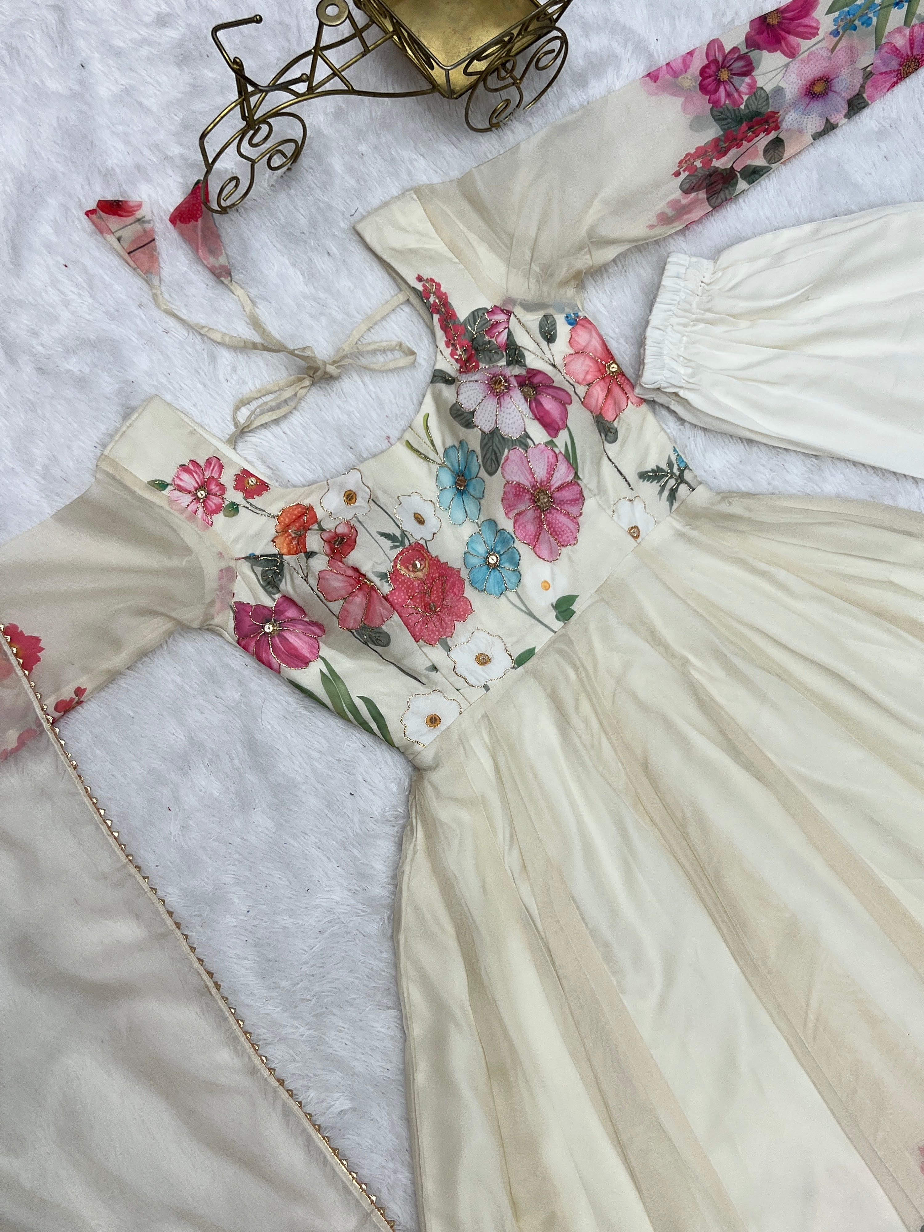 Organza Silk Printed Anarkali Set – Cream