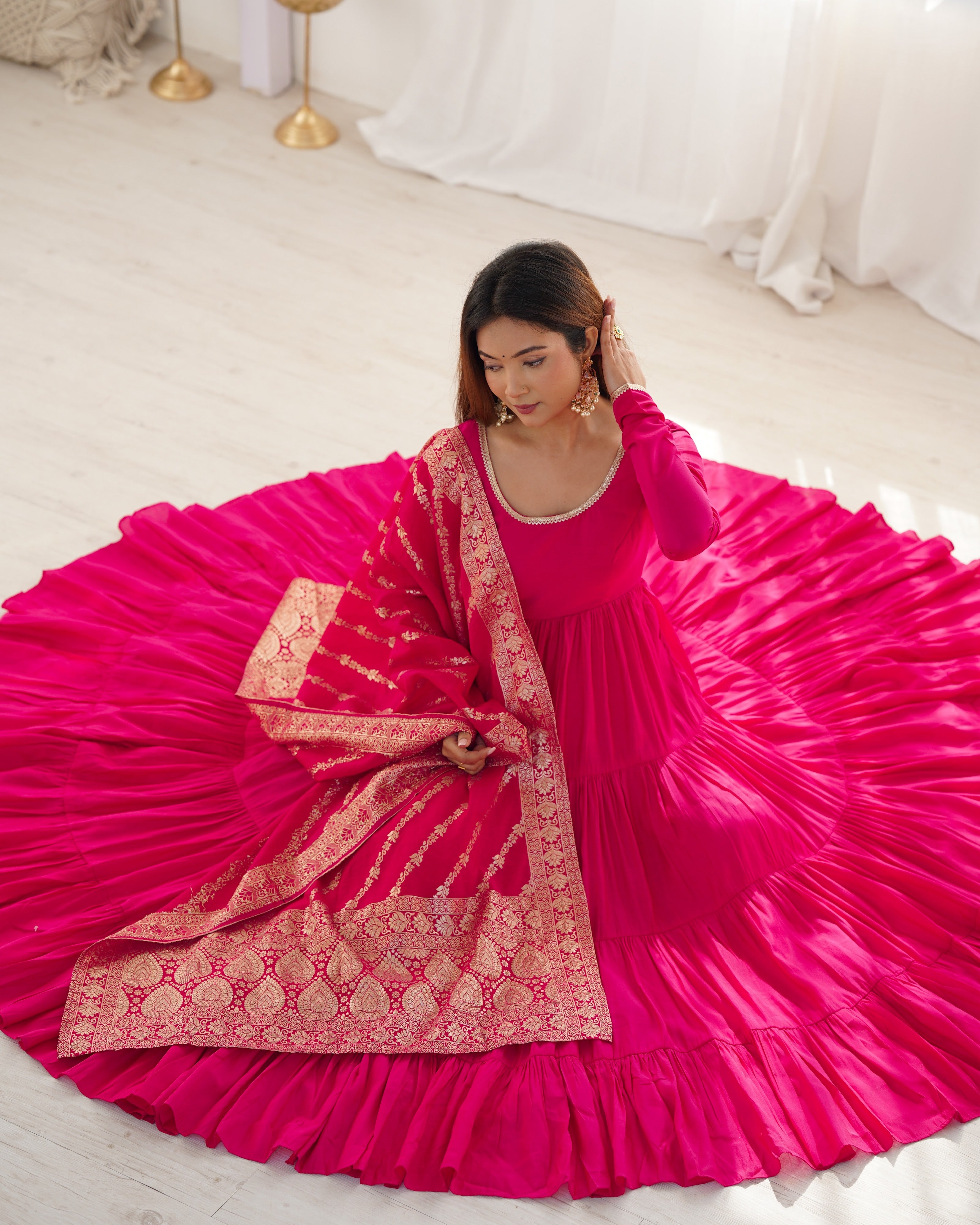 Roman Chanderi Silk Embroidered Anarkali Set – Red