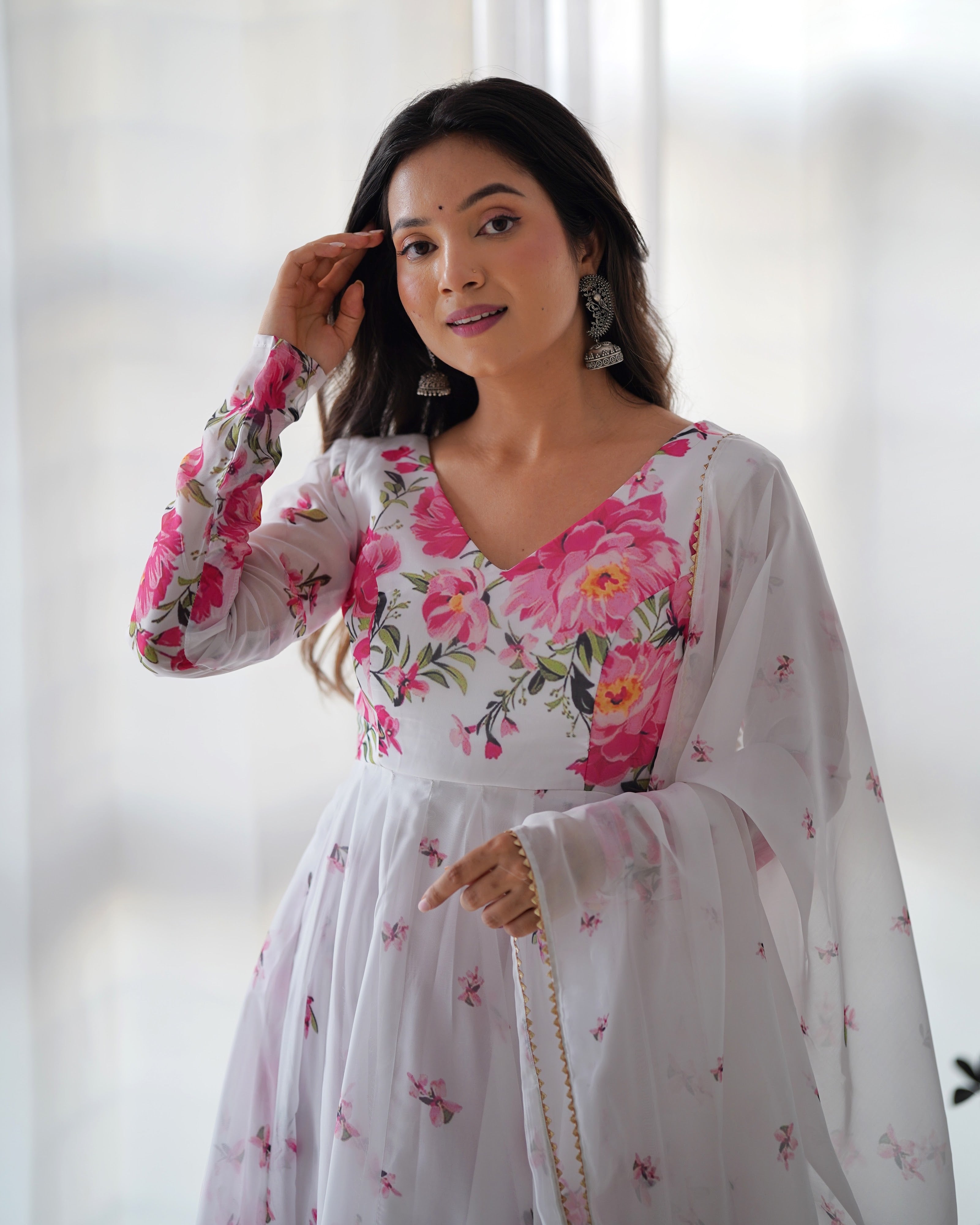 Organza Silk Printed Anarkali Set – Ivory Floral