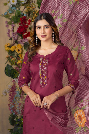 Roman Silk Embroidered Straight Kurti Set – Cerise