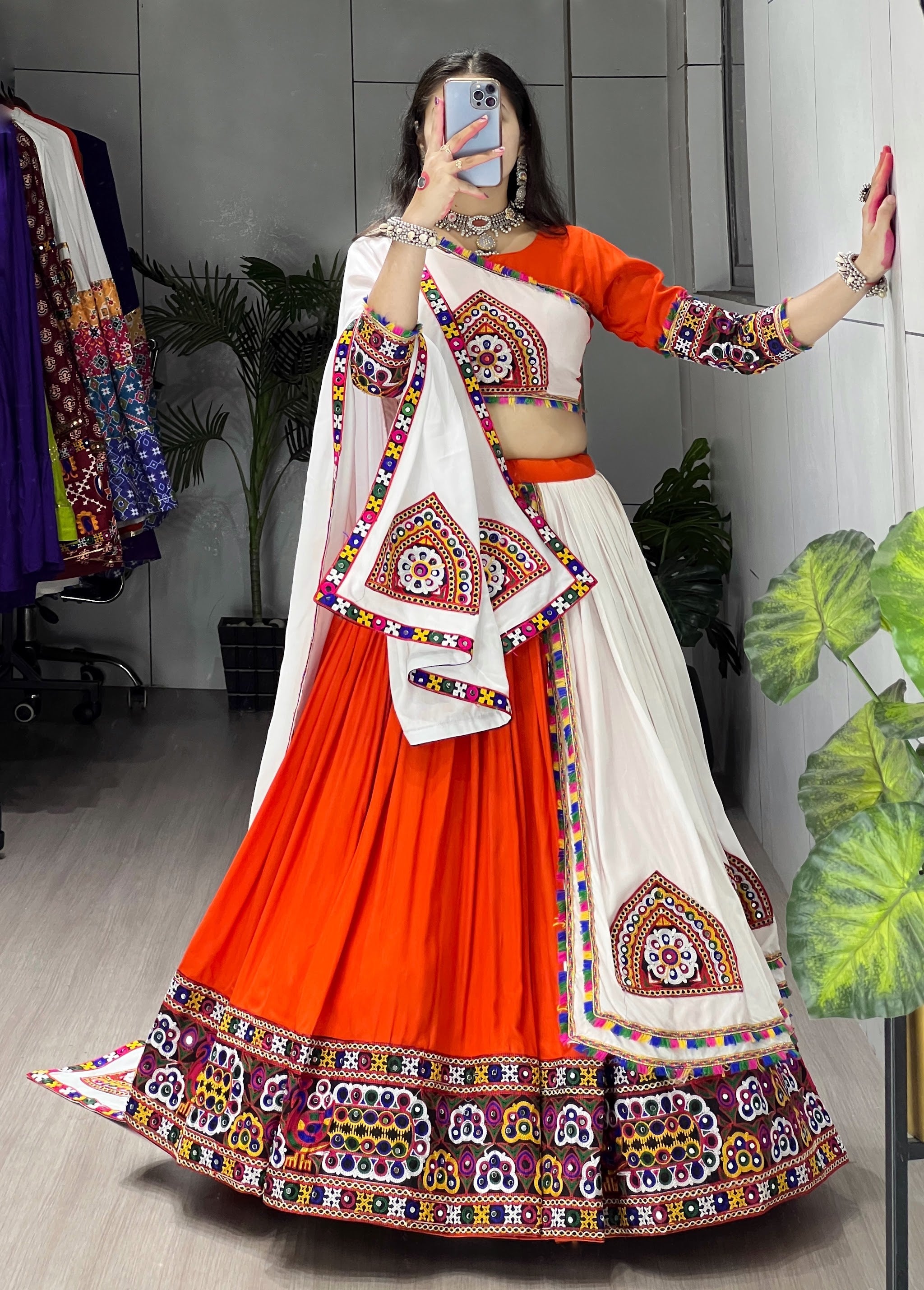 Navratri Orange White Arches Patch Work Lehenga Set
