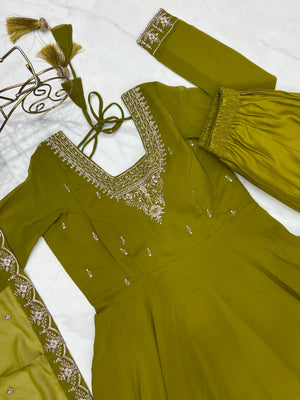 Georgette Embroidered Anarkali Set – Mehndi Green