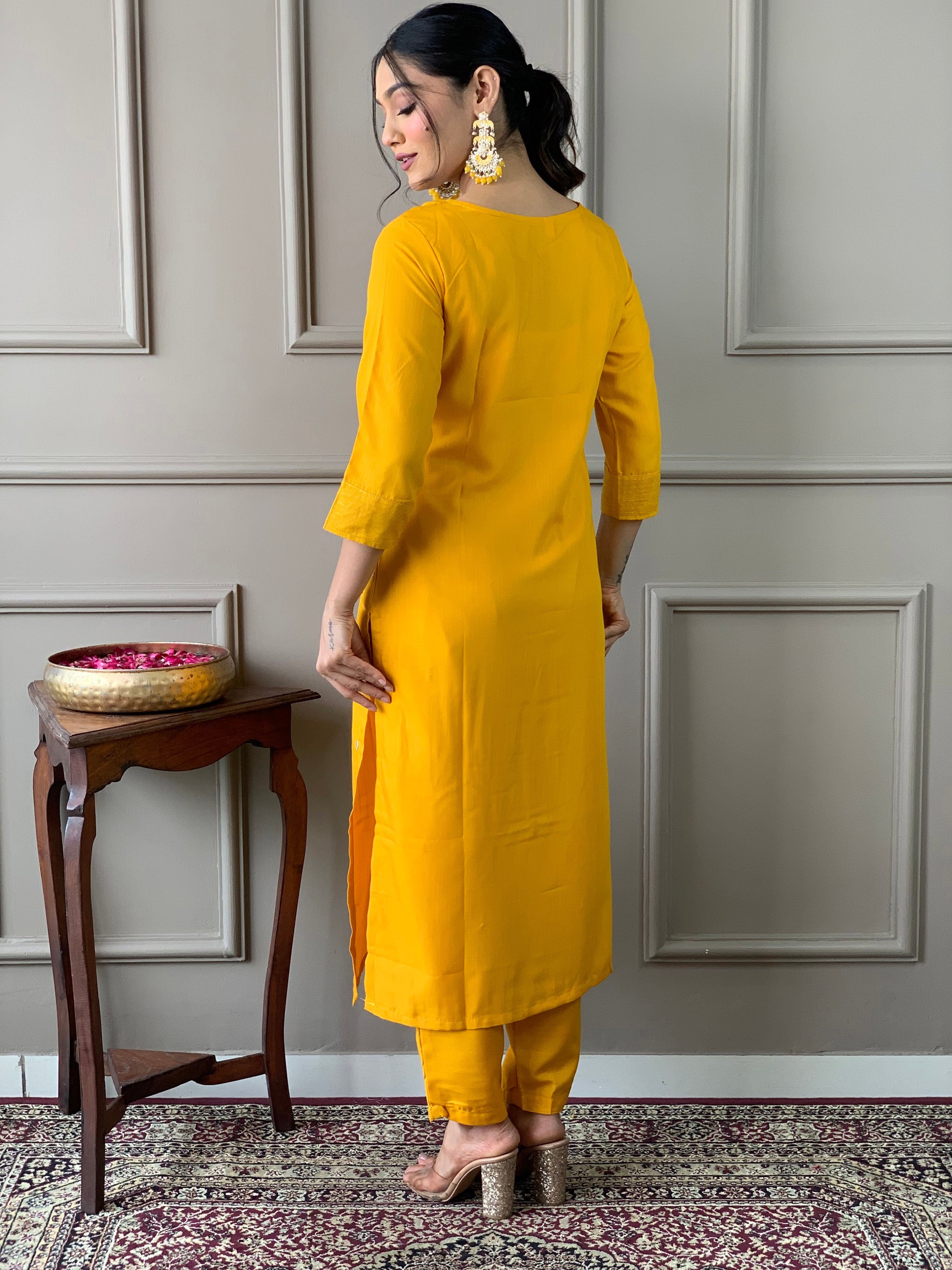 Rayon Slub Embroidered Kurta Pant Dupatta Set – Yellow