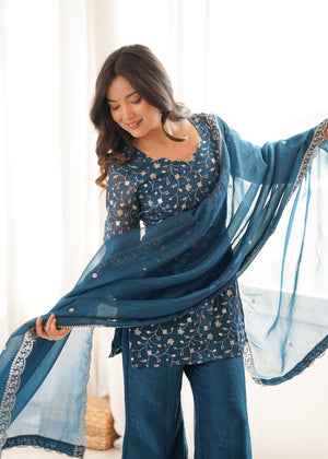 Crunchy Silk Embroidered Bell Bottom Set – Teal Blue