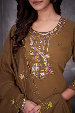 Roman Silk Embroidered Straight Kurti Set – Brown