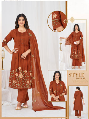 Pure Cotton Embroidered Anarkali Kurti Set – Rust