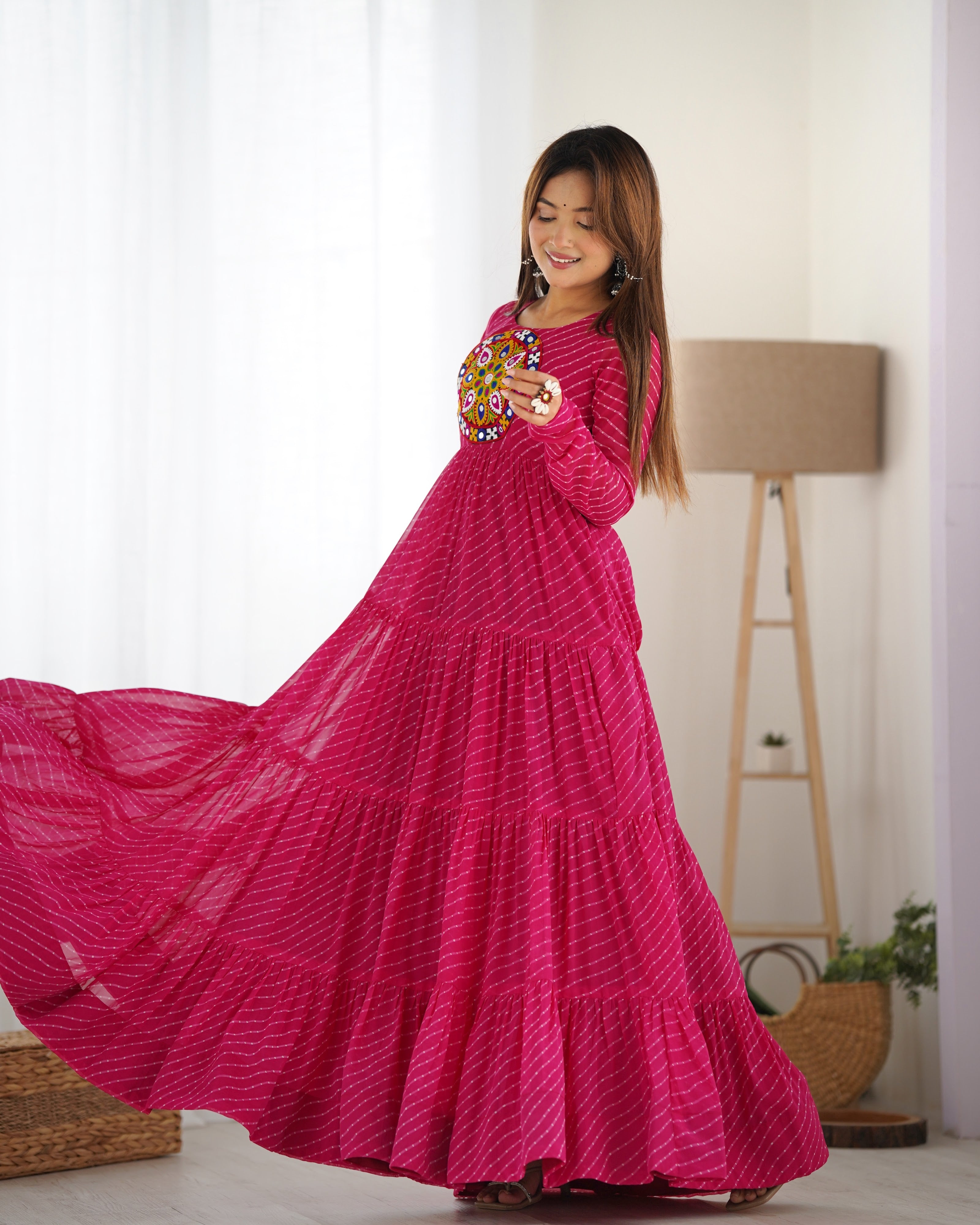 Georgette Printed Gown Set – Pink