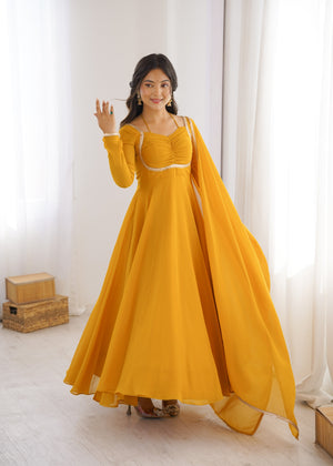 Georgette Embroidered Gown Set – Yellow