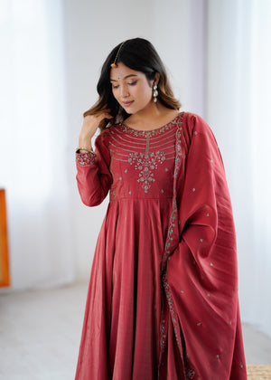Roman Shimmer Silk Embroidered Anarkali Set – Maroon