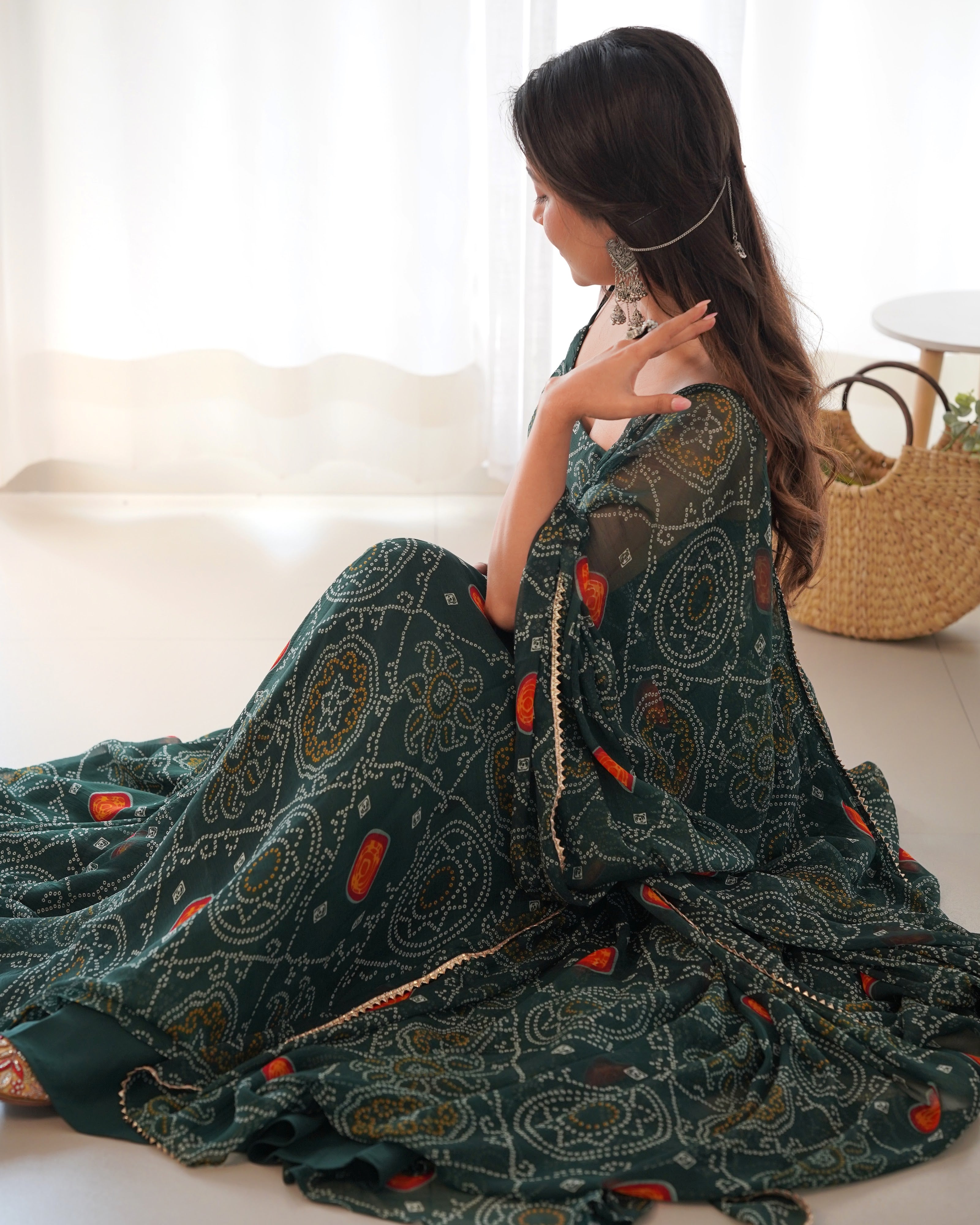 Soft Lightweight Chiffon Bandhej Embroidered Gown Set – Bottle Green